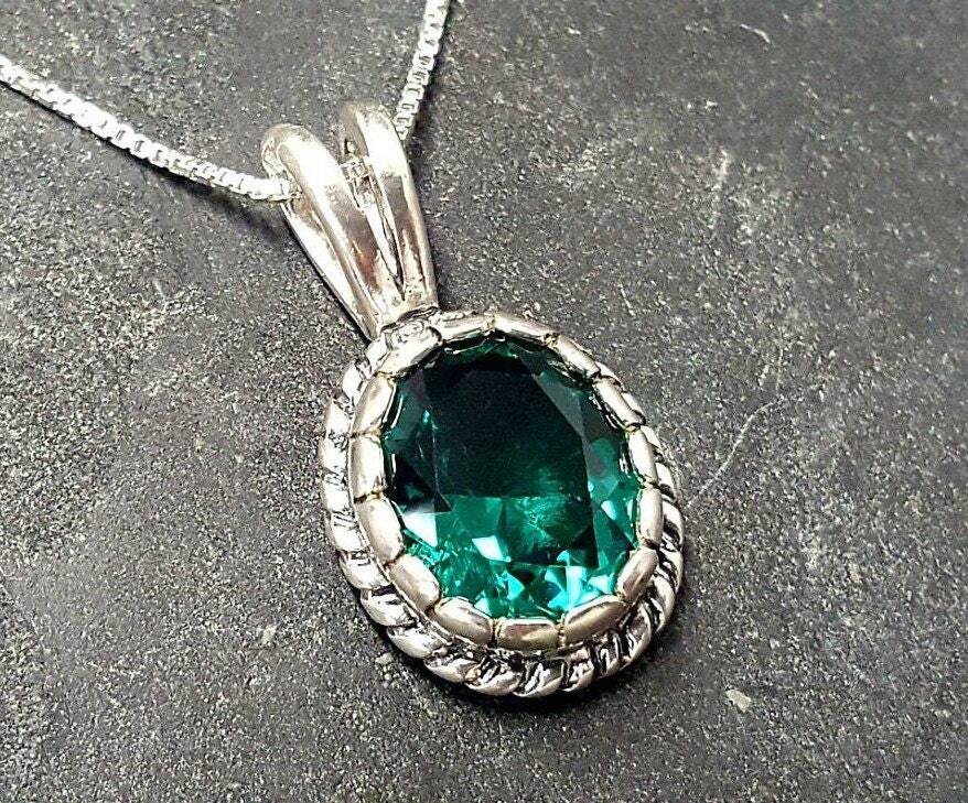 Emerald Pendant, Created Emerald, Victorian Pendant, Green Vintage Pendant, Antique Pendant, 925 Sterling Pendant, Green Stone Pendant