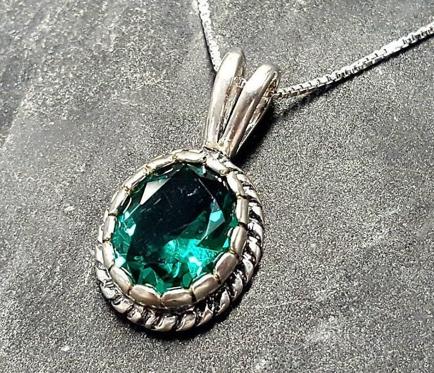 Emerald Pendant, Created Emerald, Victorian Pendant, Green Vintage Pendant, Antique Pendant, 925 Sterling Pendant, Green Stone Pendant