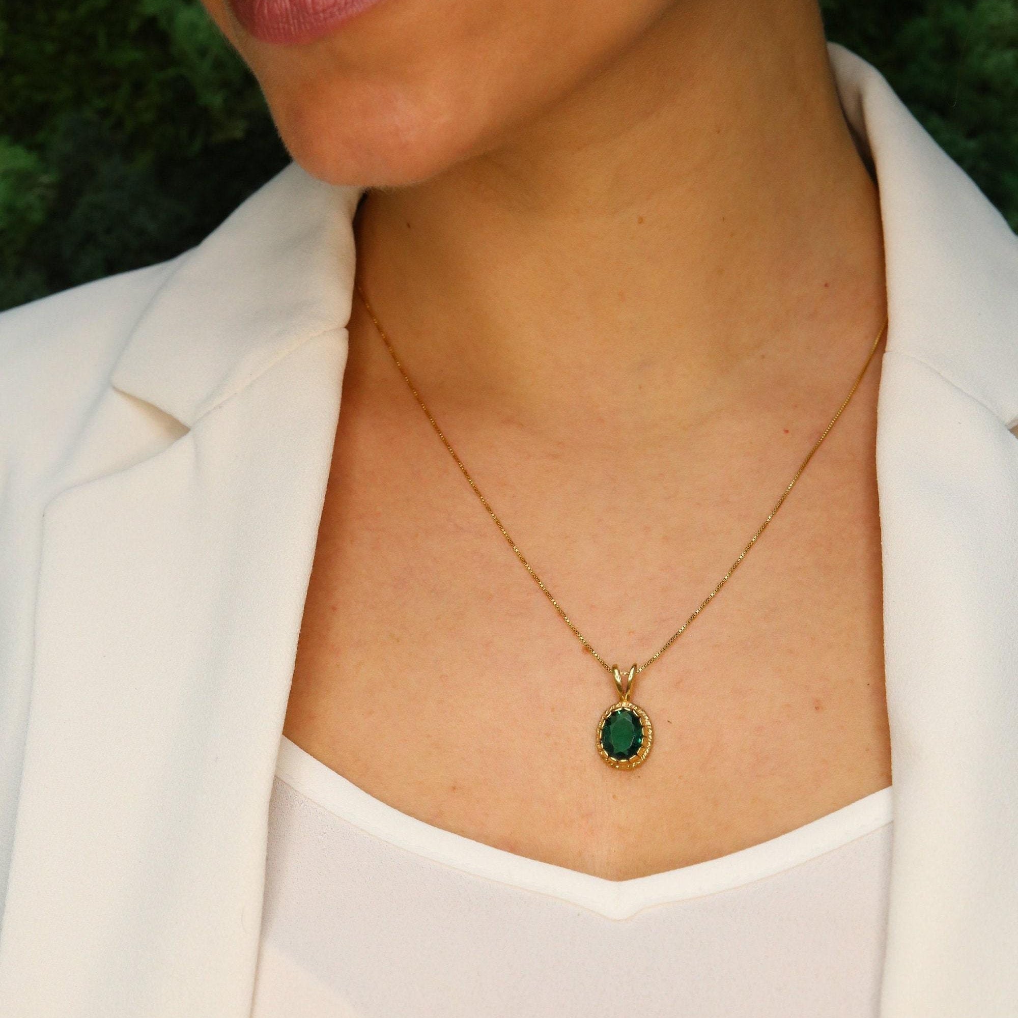 18k Gold Vermeil Emerald Pendant with Oval Created Green Emerald, perfect for May birthdays and everyday elegance.