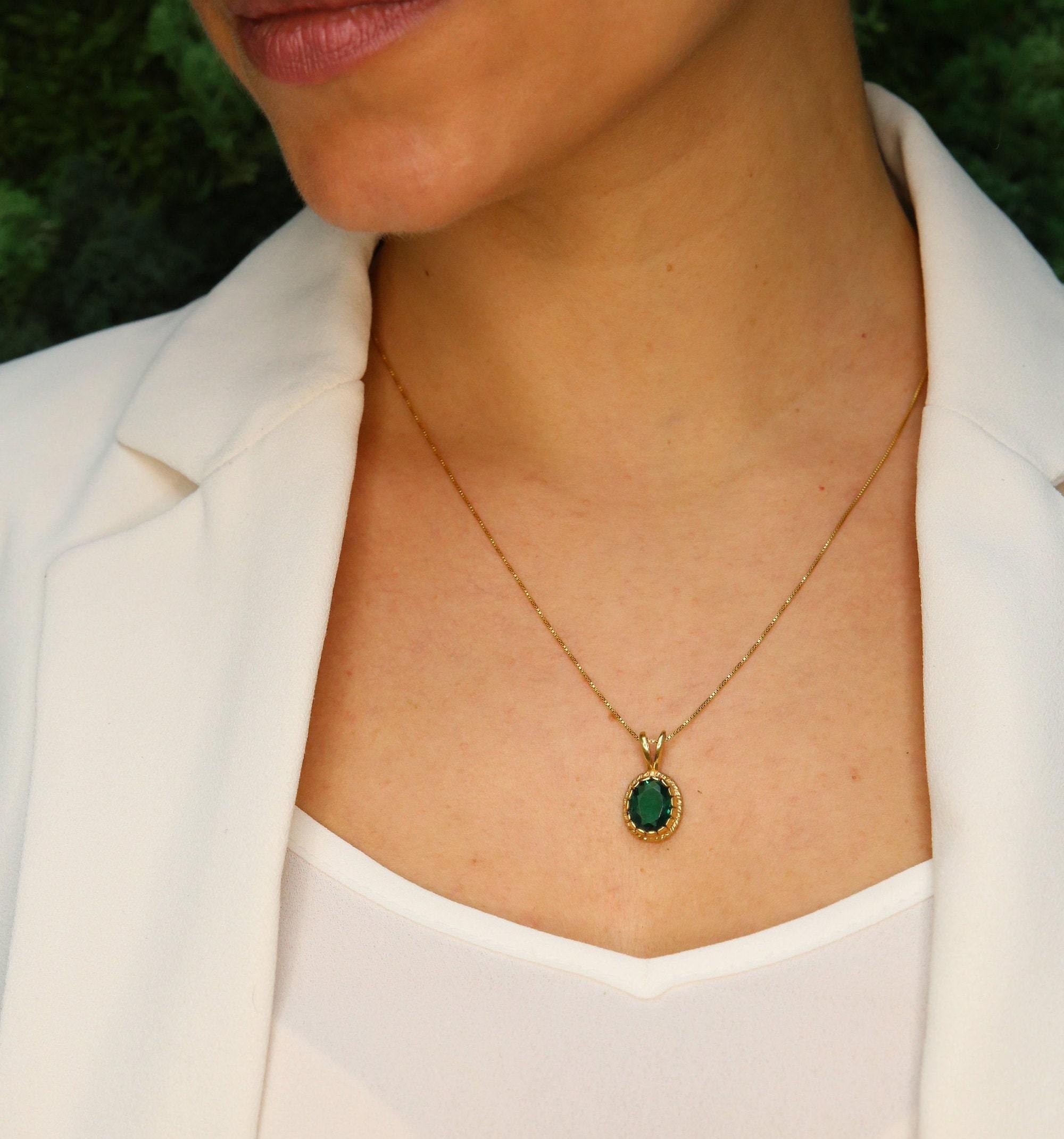 18k Gold Vermeil Emerald Pendant with Oval Created Green Emerald, perfect for May birthdays and everyday elegance.