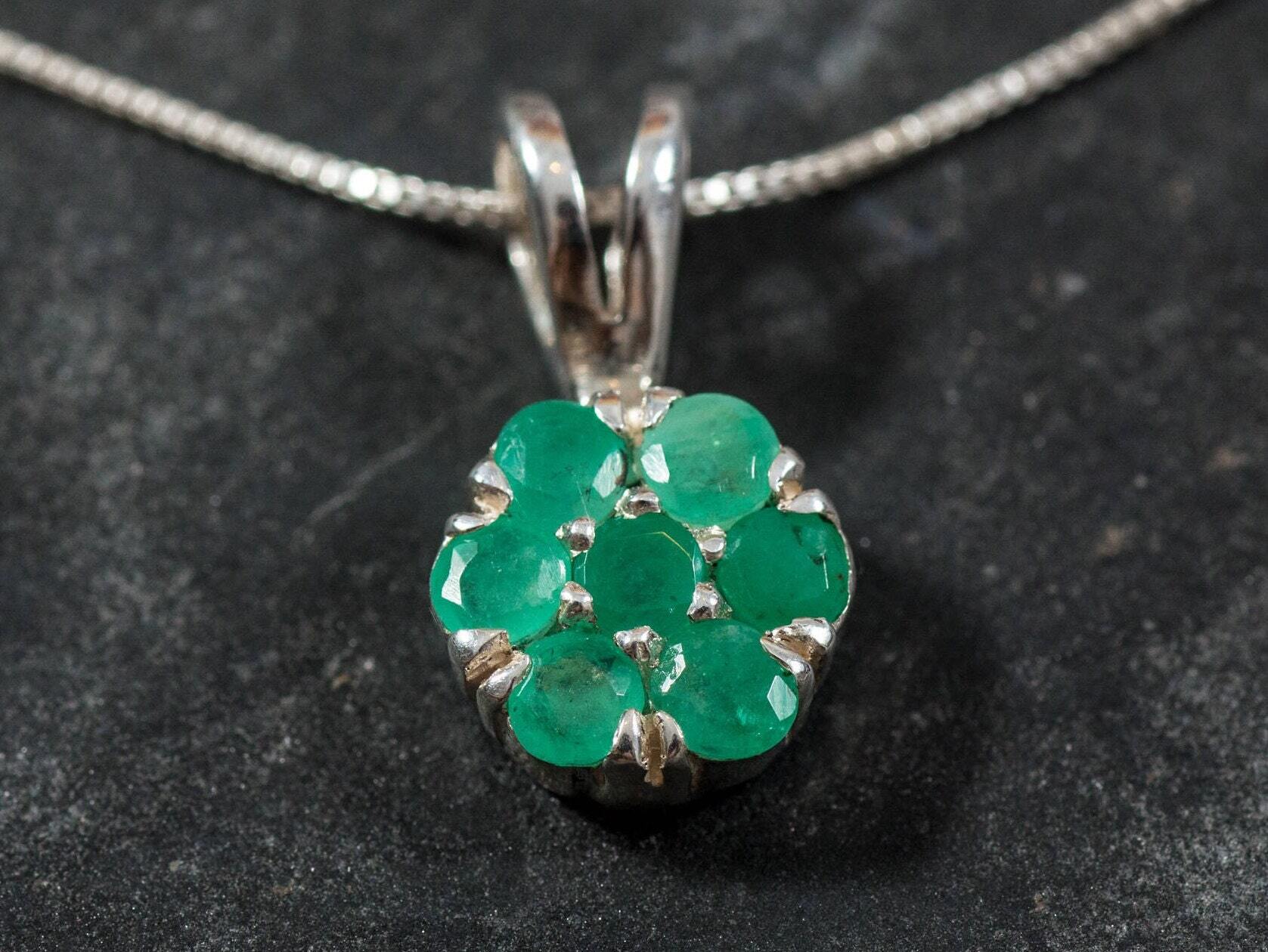 Emerald Pendant, Natural Pendant, Flower Pendant, May Birthstone, Genuine Emerald, Real Emerald Pendant, Pendant and Chain, Silver Pendant