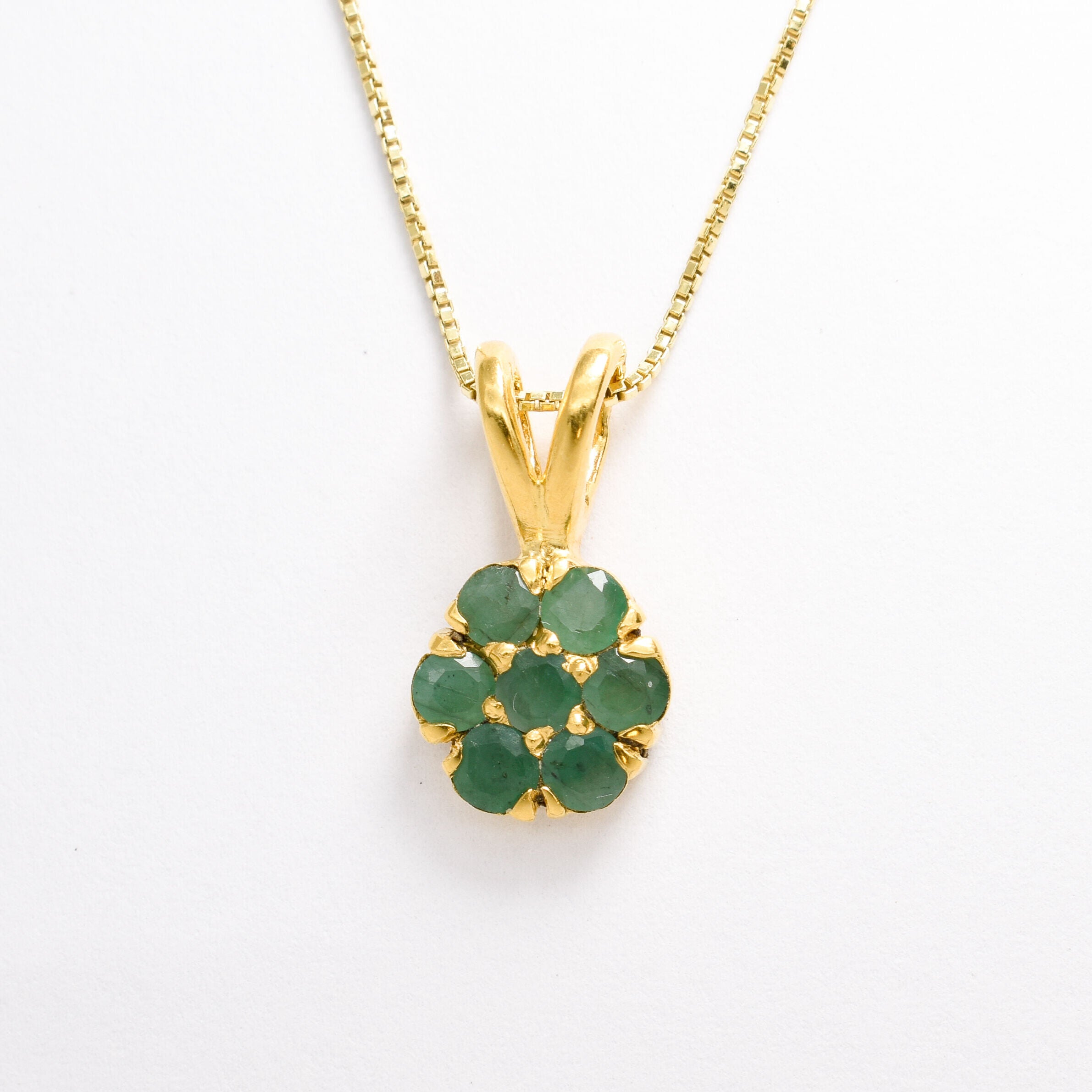 Natural Emerald Pendant made in 18k Gold Vermeil with Round Natural Green Emerald in Cluster setting, May Birthstone gift idea, symbolizes growth, harmony, and deep emotional healing, ideal for everyday wear and perfect for birthday gifting and special occasions.
