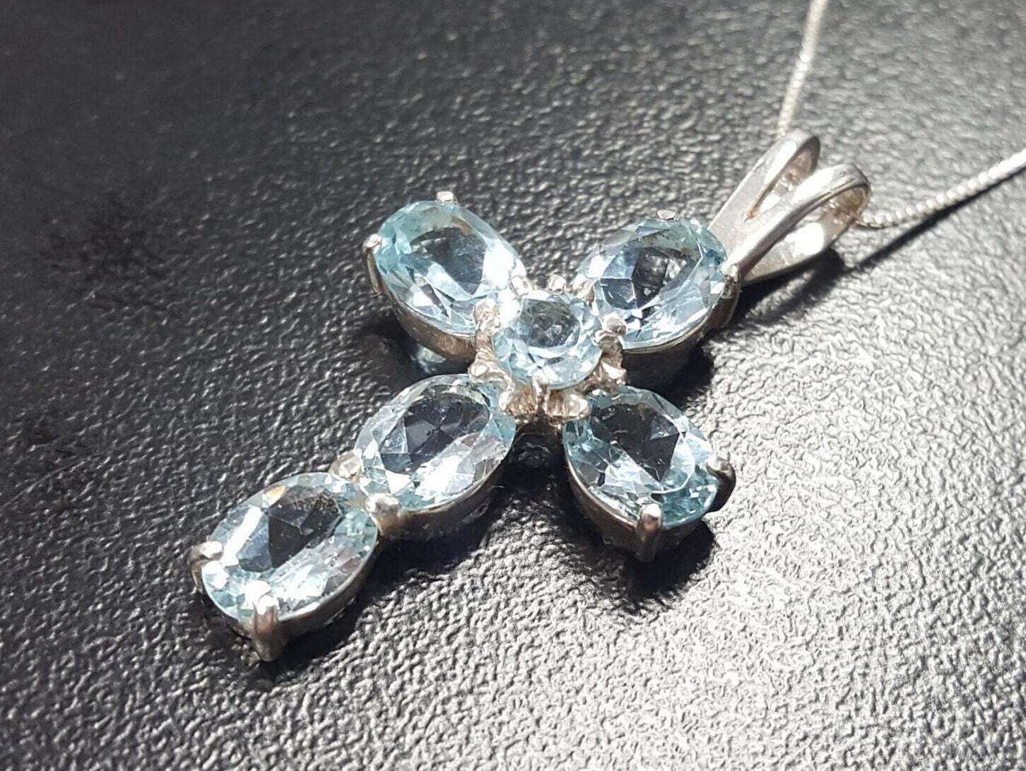 Cross Pendant, Topaz Pendant, Blue Topaz Pendant, Silver Cross Pendant, December Birthstone, Christian Pendant, Blue Pendant, Silver Pendant