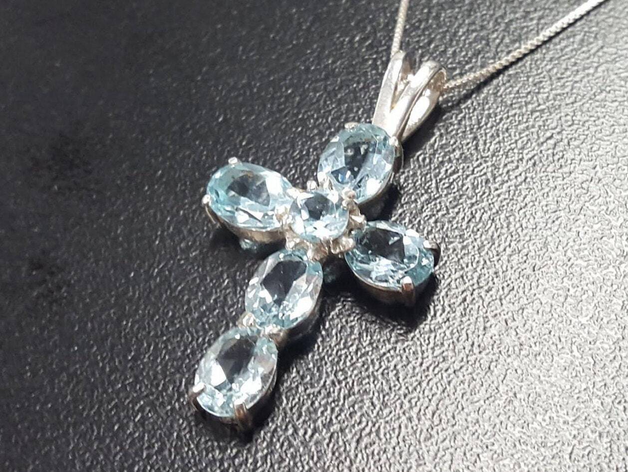 Cross Pendant, Topaz Pendant, Blue Topaz Pendant, Silver Cross Pendant, December Birthstone, Christian Pendant, Blue Pendant, Silver Pendant