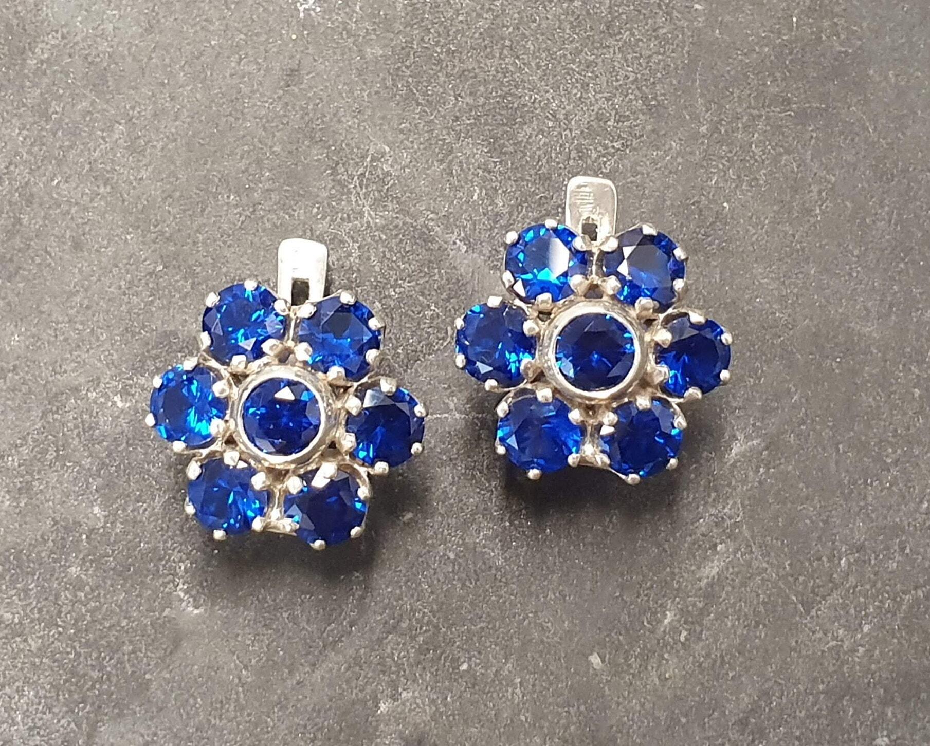Created Sapphire Earrings made in 925 Sterling Silver with Round Created Blue Sapphire in Cluster setting, September Birthstone gift idea, symbolizes sincerity, truth, and faithfulness, ideal for everyday wear and perfect for birthday gifting and special occasions.