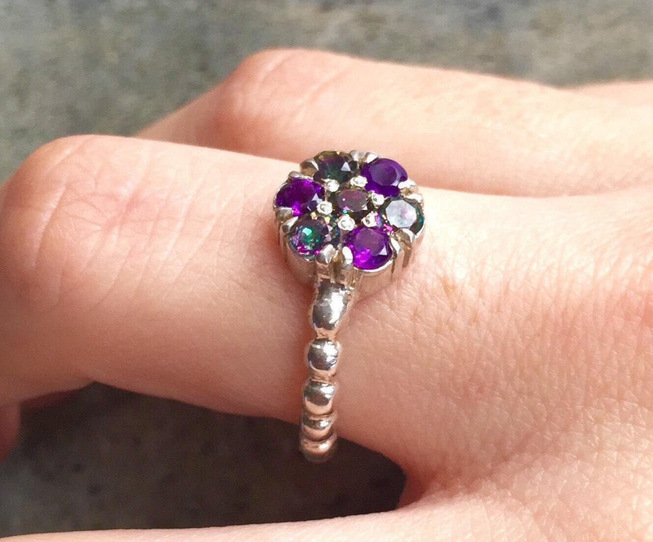 Flower Ring, Amethyst Ring, Natural Stones, Topaz Ring, Mystic Topaz, Mystic Topaz Ring, February Birthstone, Birthstone Ring, Pure Silver