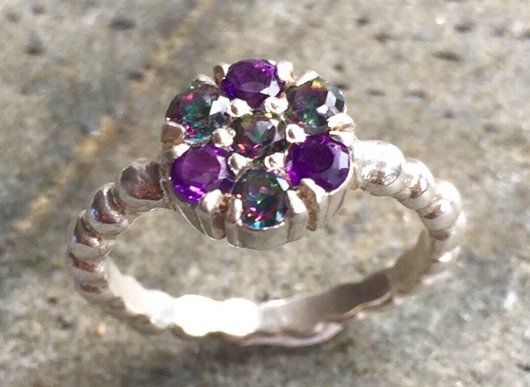 Flower Ring, Amethyst Ring, Natural Stones, Topaz Ring, Mystic Topaz, Mystic Topaz Ring, February Birthstone, Birthstone Ring, Pure Silver
