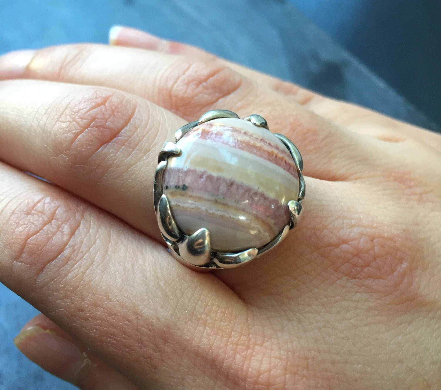 Rhodochrosite Ring, Natural Stone, Vintage Ring, Statement Ring, Large Stone Ring, Natural Stone Ring, Solid Silver Ring, Pure Silver (467272276)