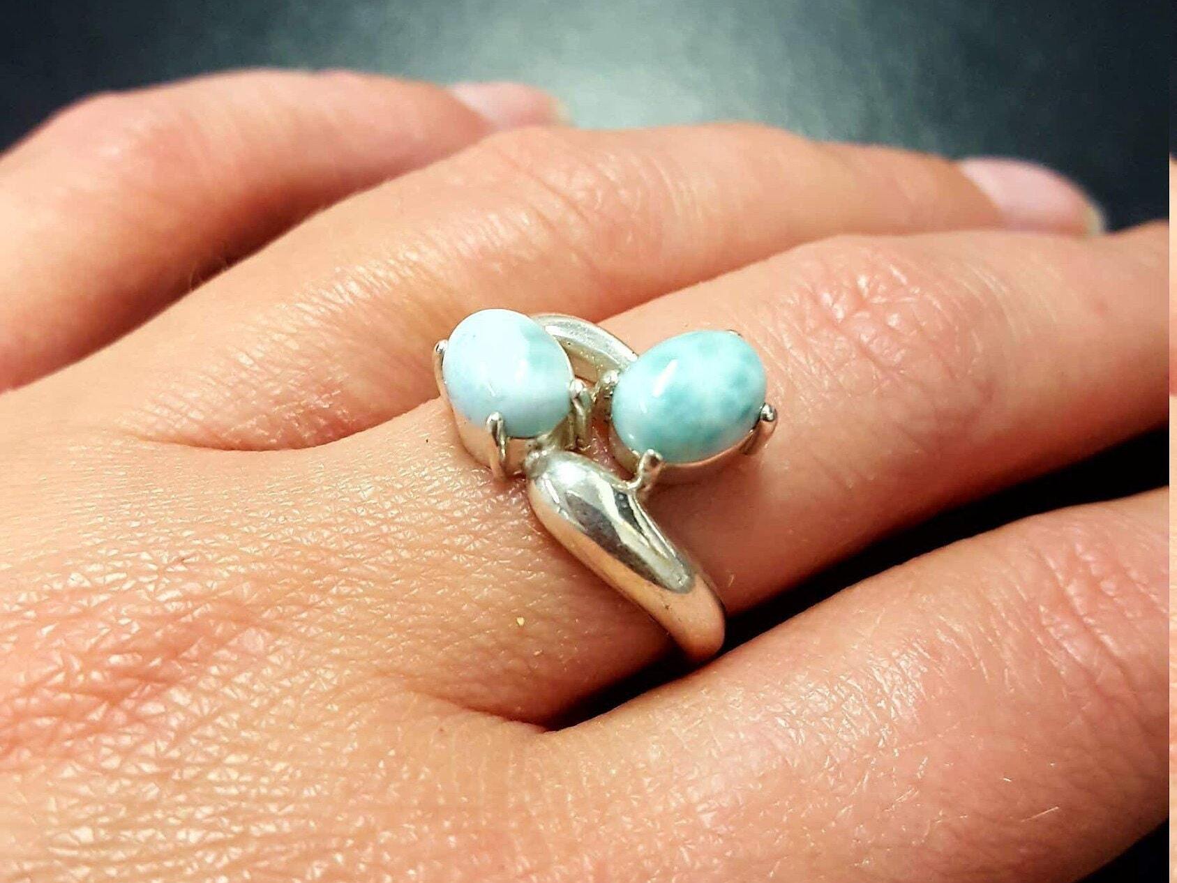 Larimar Ring, Natural Larimar, March Birthstone, 2 Stone Ring, March Ring, Blue Vintage Ring, Jewel of Atlantis, Solid Silver Ring, Larimar