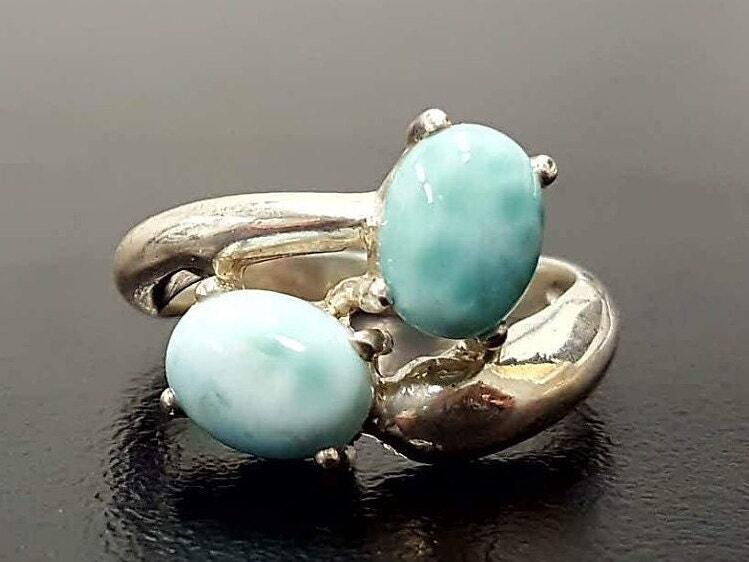 Larimar Ring, Natural Larimar, March Birthstone, 2 Stone Ring, March R