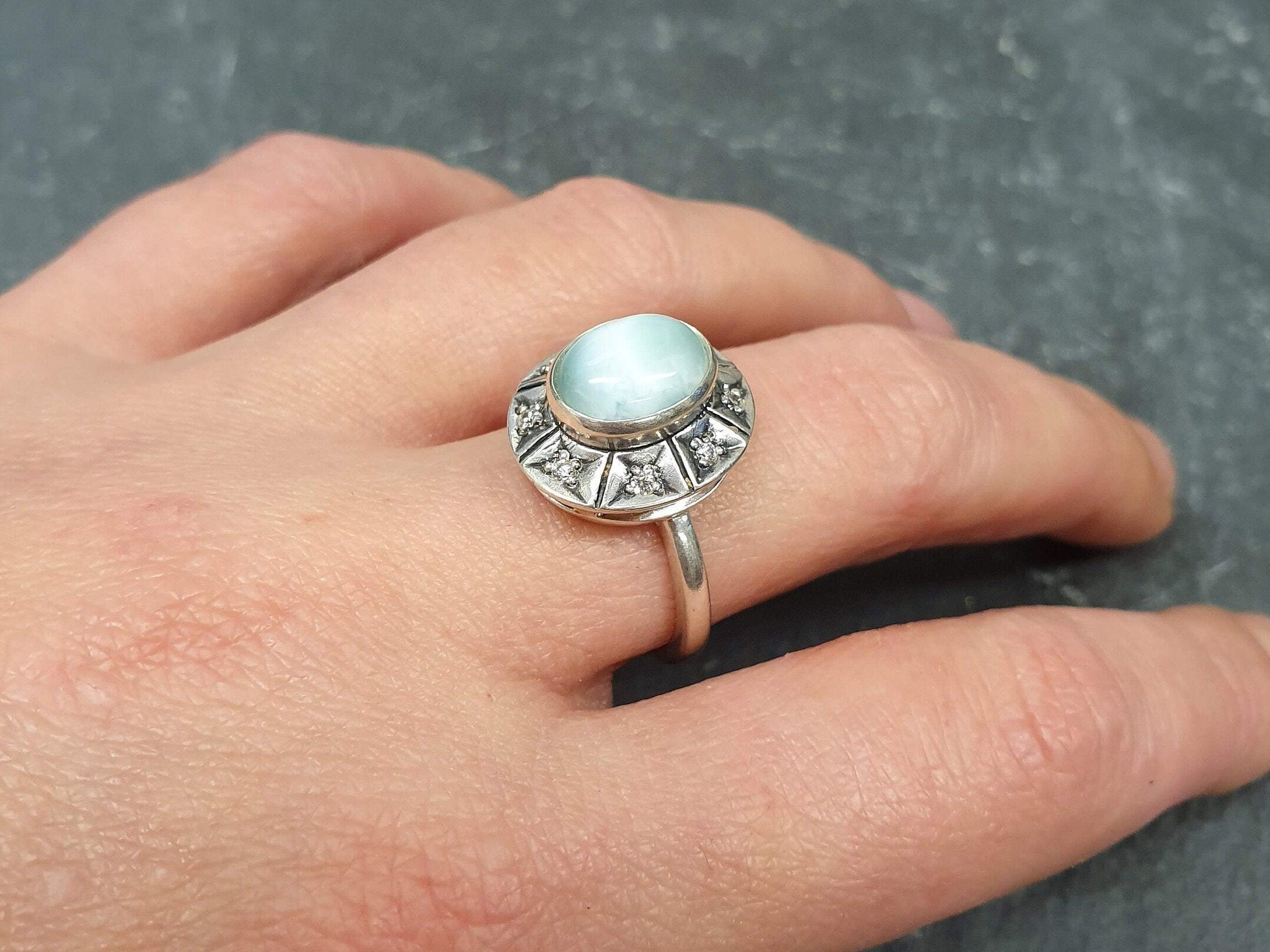 Bohemian Ring, Larimar Ring, Natural Larimar, Vintage Ring, Sky Blue Ring, Blue Boho Ring, Blue Oval Ring, Statement Ring, Solid Silver Ring