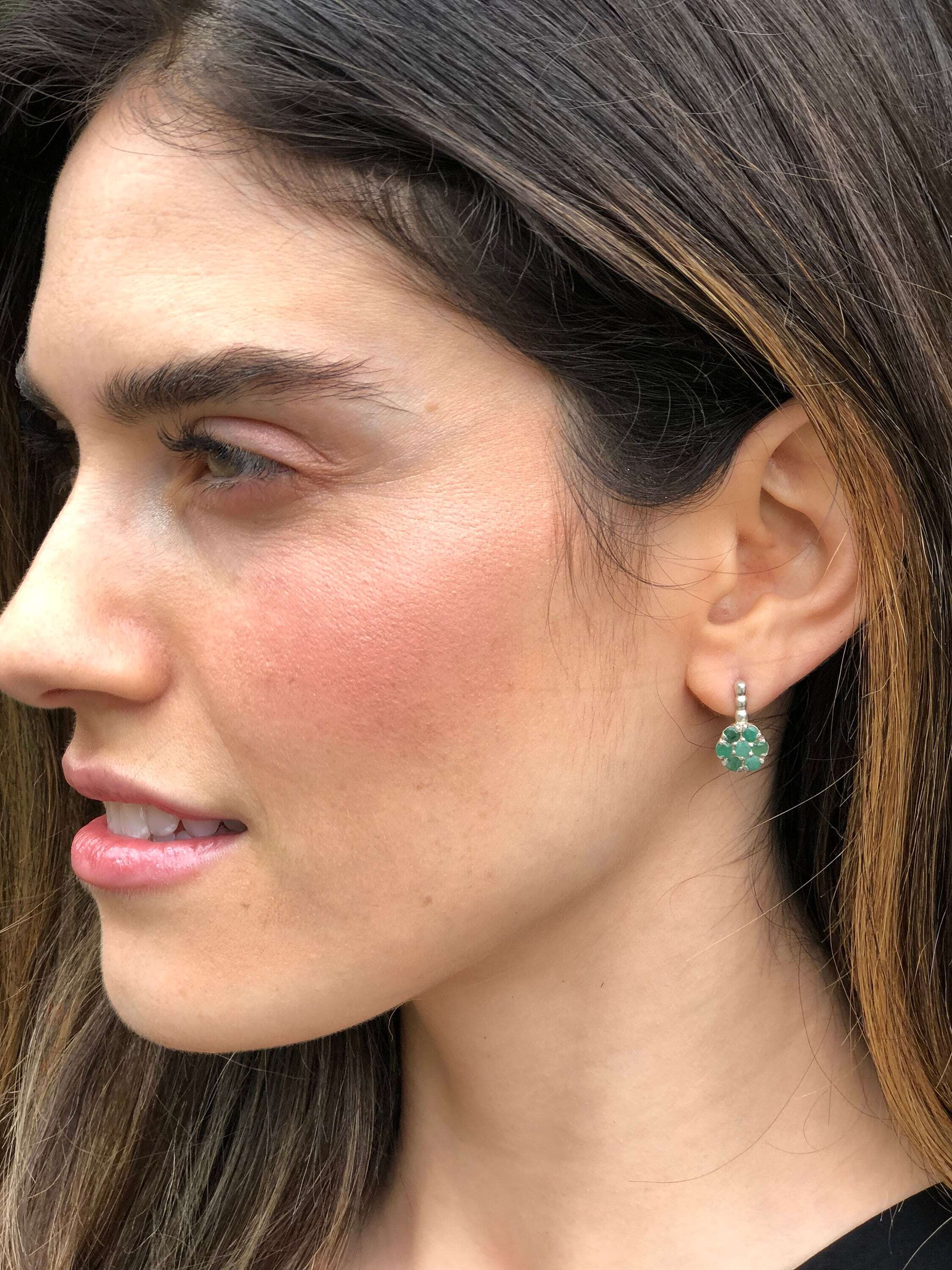 Elegant 925 Sterling Silver earrings featuring a stunning cluster of natural Green Emeralds, perfect for May birthdays and special occasions.