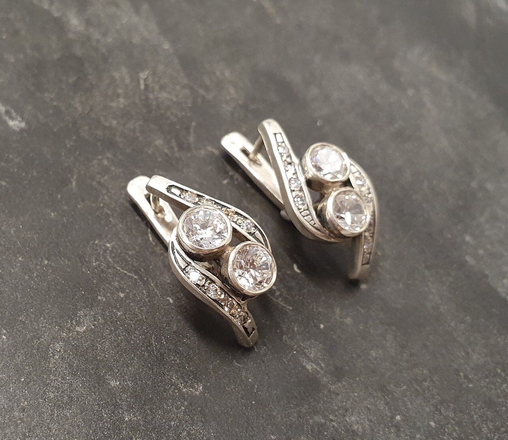 Diamond Earrings, Created Diamond,Two Stone Earrings, Vintage Earrings, Bridal Earrings, Bridal Jewelery, Sparkly Earring, Silver Earrings