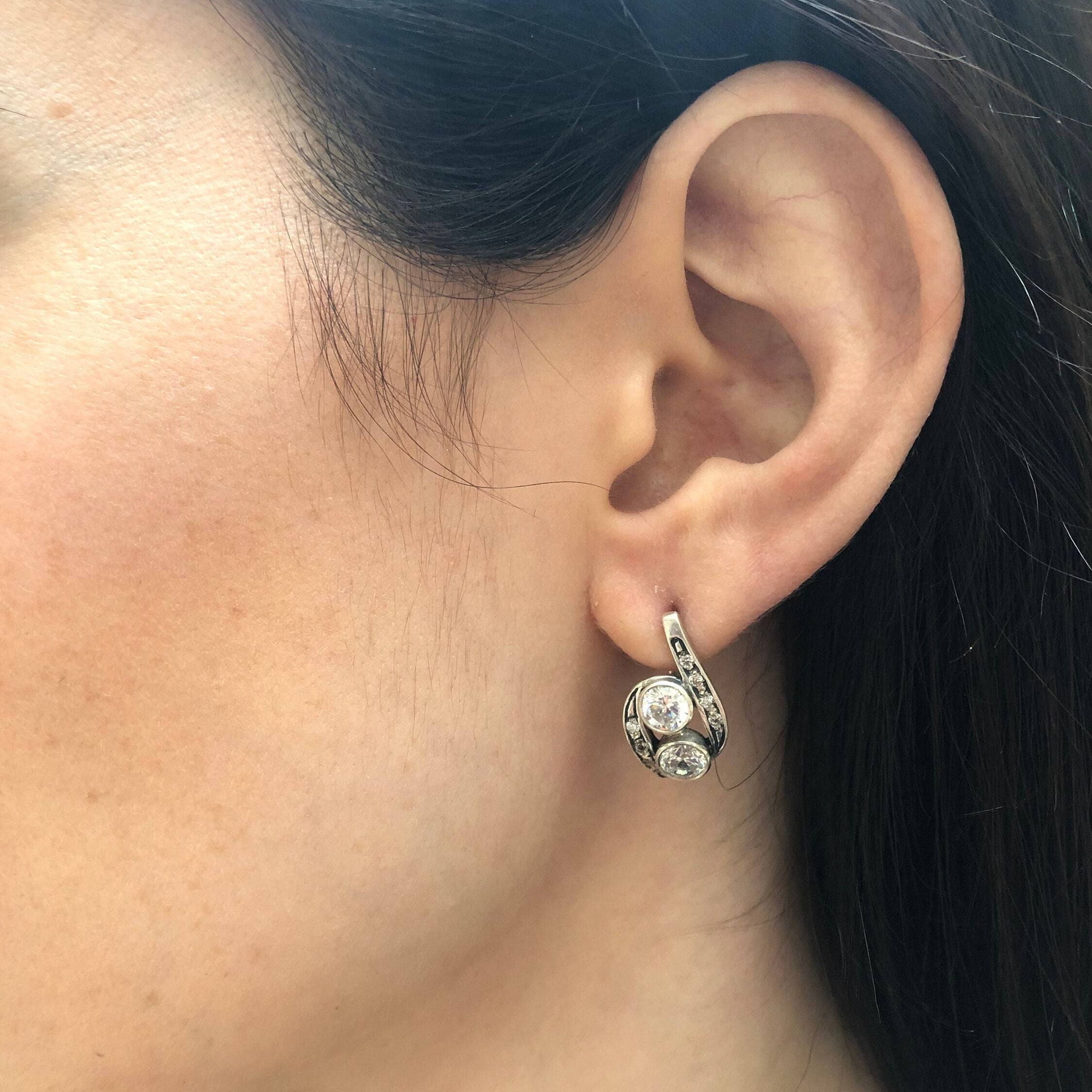Diamond Earrings, Created Diamond,Two Stone Earrings, Vintage Earrings, Bridal Earrings, Bridal Jewelery, Sparkly Earring, Silver Earrings