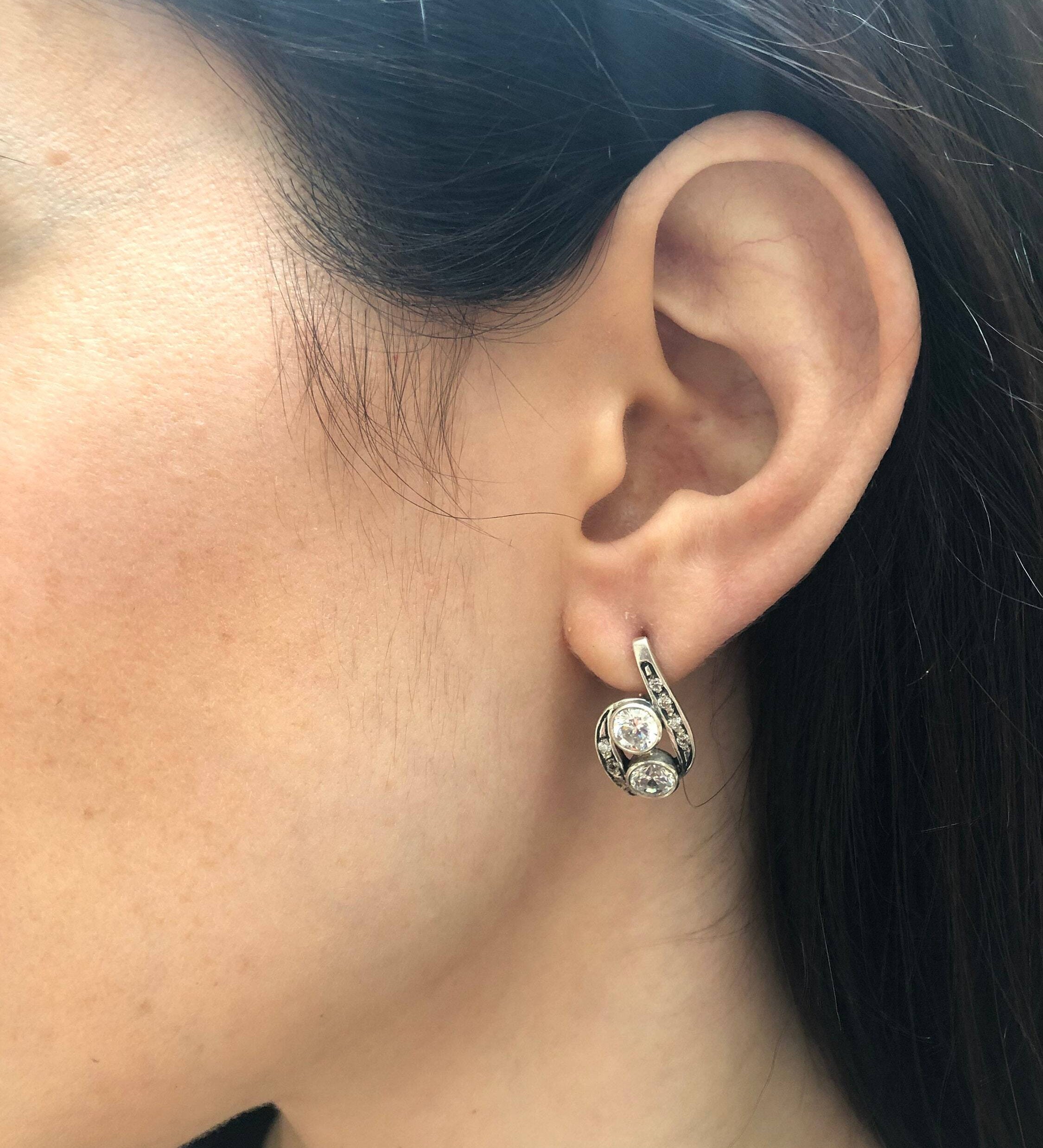 Diamond Earrings, Created Diamond,Two Stone Earrings, Vintage Earrings, Bridal Earrings, Bridal Jewelery, Sparkly Earring, Silver Earrings