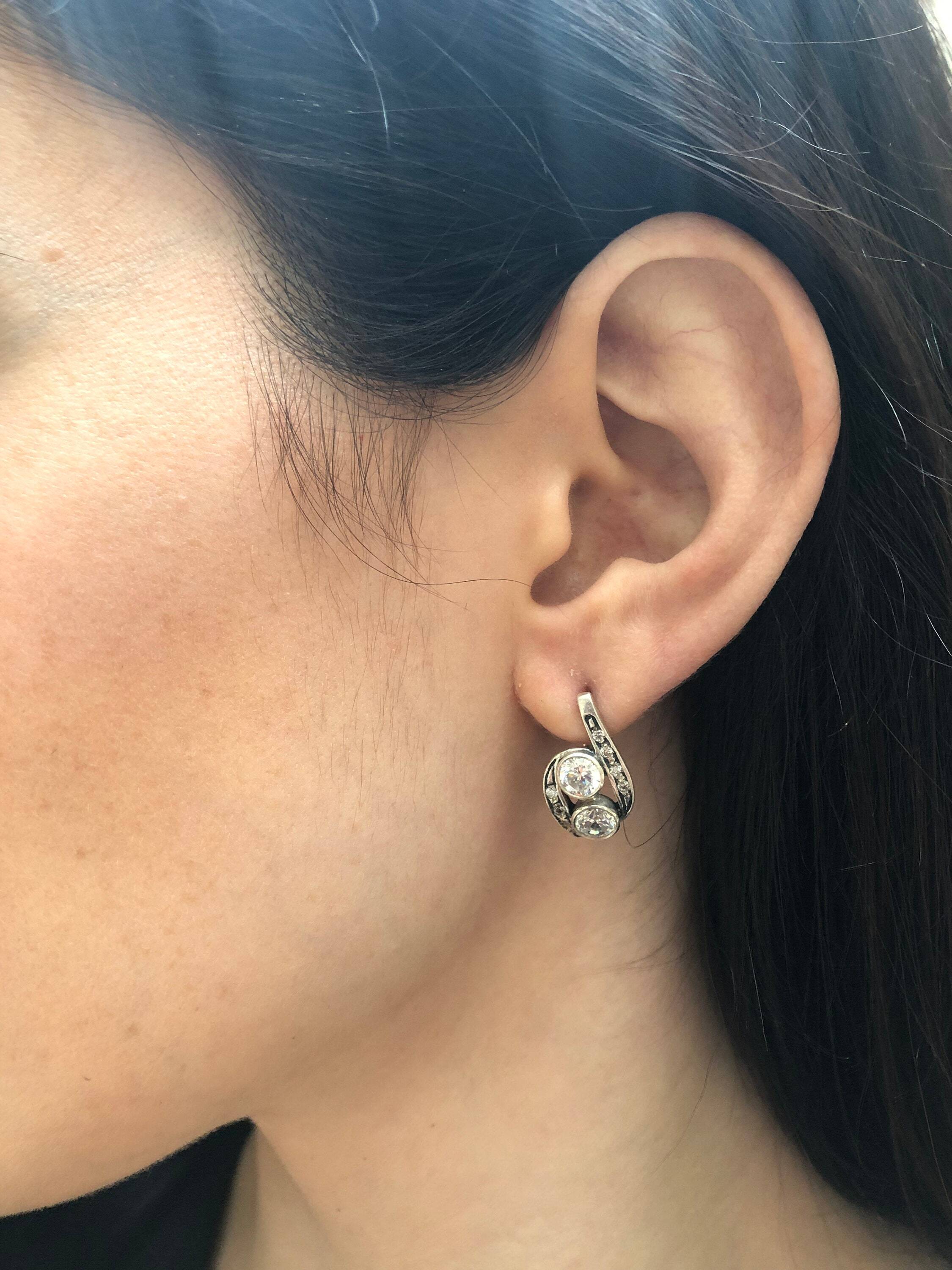 Diamond Earrings, Created Diamond,Two Stone Earrings, Vintage Earrings, Bridal Earrings, Bridal Jewelery, Sparkly Earring, Silver Earrings