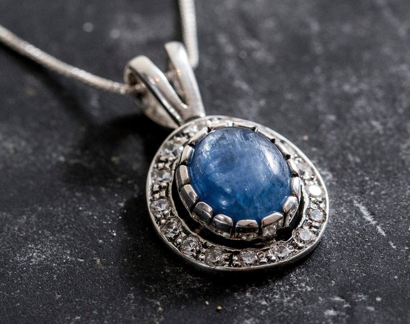 Kyanite Pendant, Natural Kyanite, Blue Kyanite Pendant, Vintage Pendant, Solid Silver Pendant, Antique Pendant, Oval Cz Pendant, 925 Silver