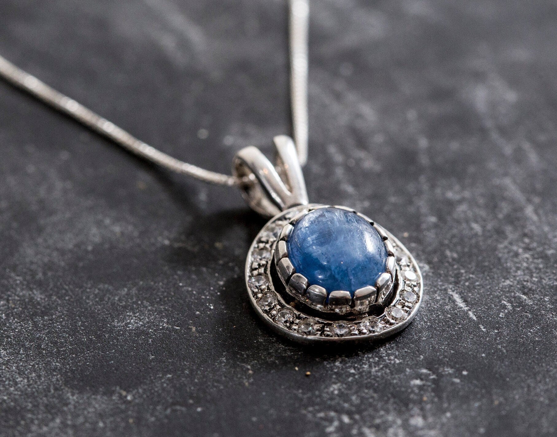 Kyanite Pendant, Natural Kyanite, Blue Kyanite Pendant, Vintage Pendant, Solid Silver Pendant, Antique Pendant, Oval Cz Pendant, 925 Silver