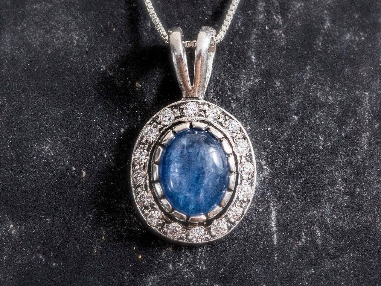 Kyanite Pendant, Natural Kyanite, Blue Kyanite Pendant, Vintage Pendant, Solid Silver Pendant, Antique Pendant, Oval Cz Pendant, 925 Silver