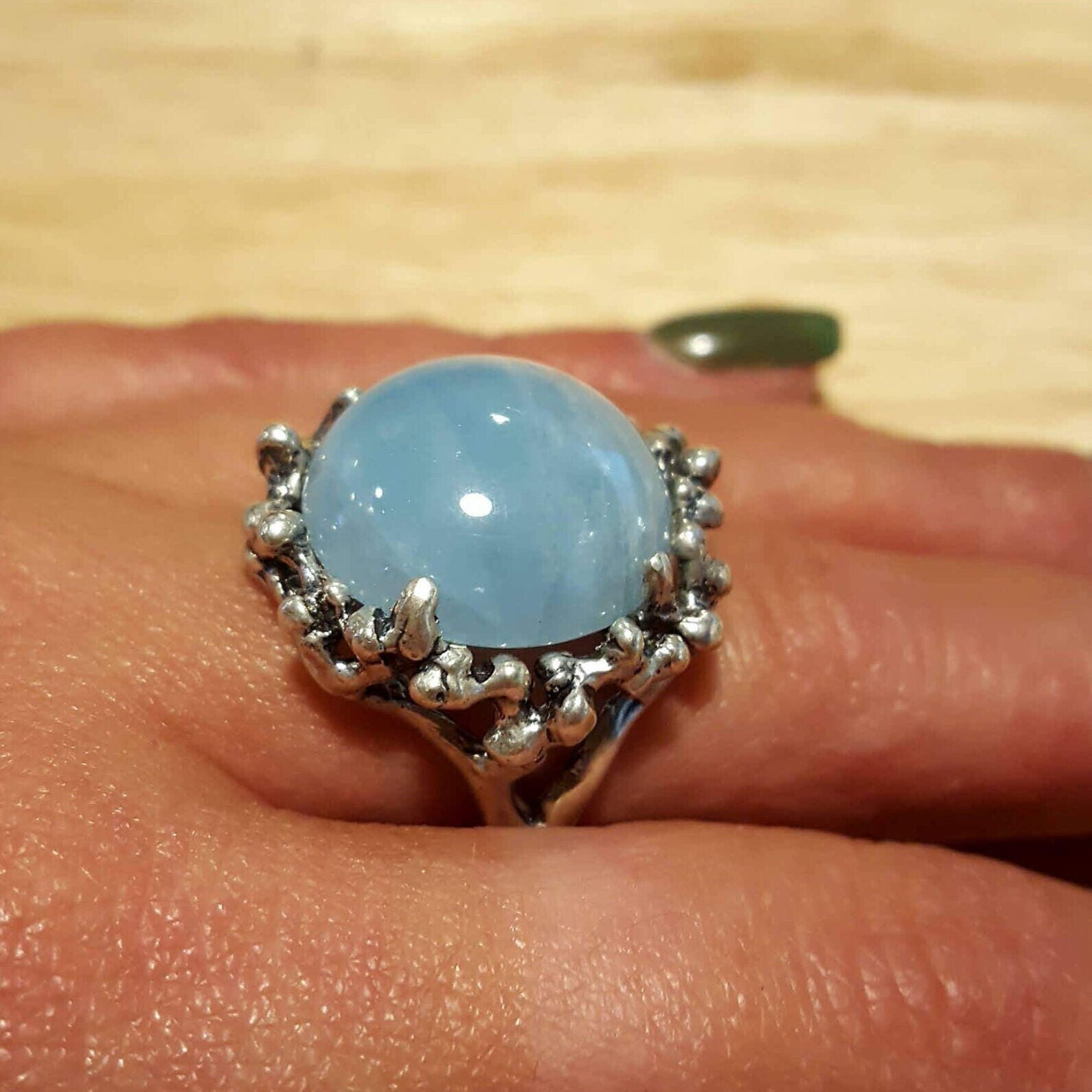 Round Blue Ring, Aquamarine Ring, Natural Aquamarine, March Birthstone, Vintage Rings, Artistic Ring, Large Stone, Solid Silver, Aquamarine