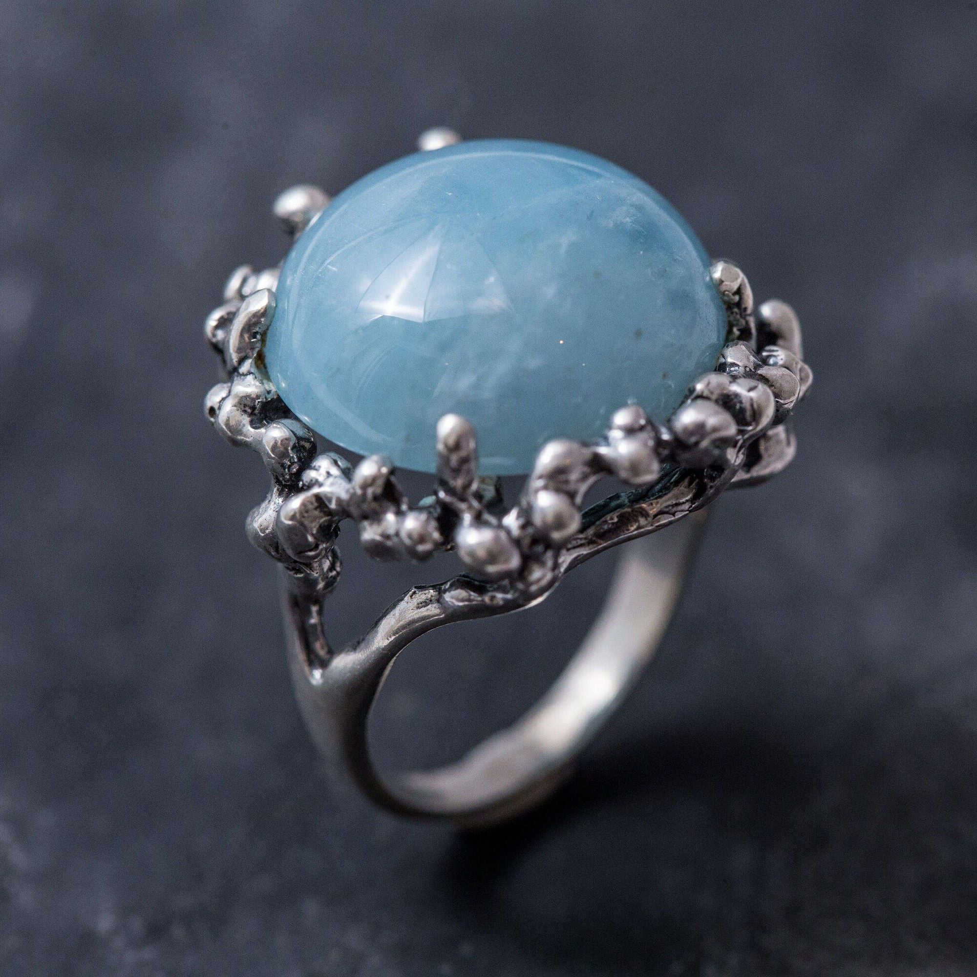 Round Blue Ring, Aquamarine Ring, Natural Aquamarine, March Birthstone, Vintage Rings, Artistic Ring, Large Stone, Solid Silver, Aquamarine