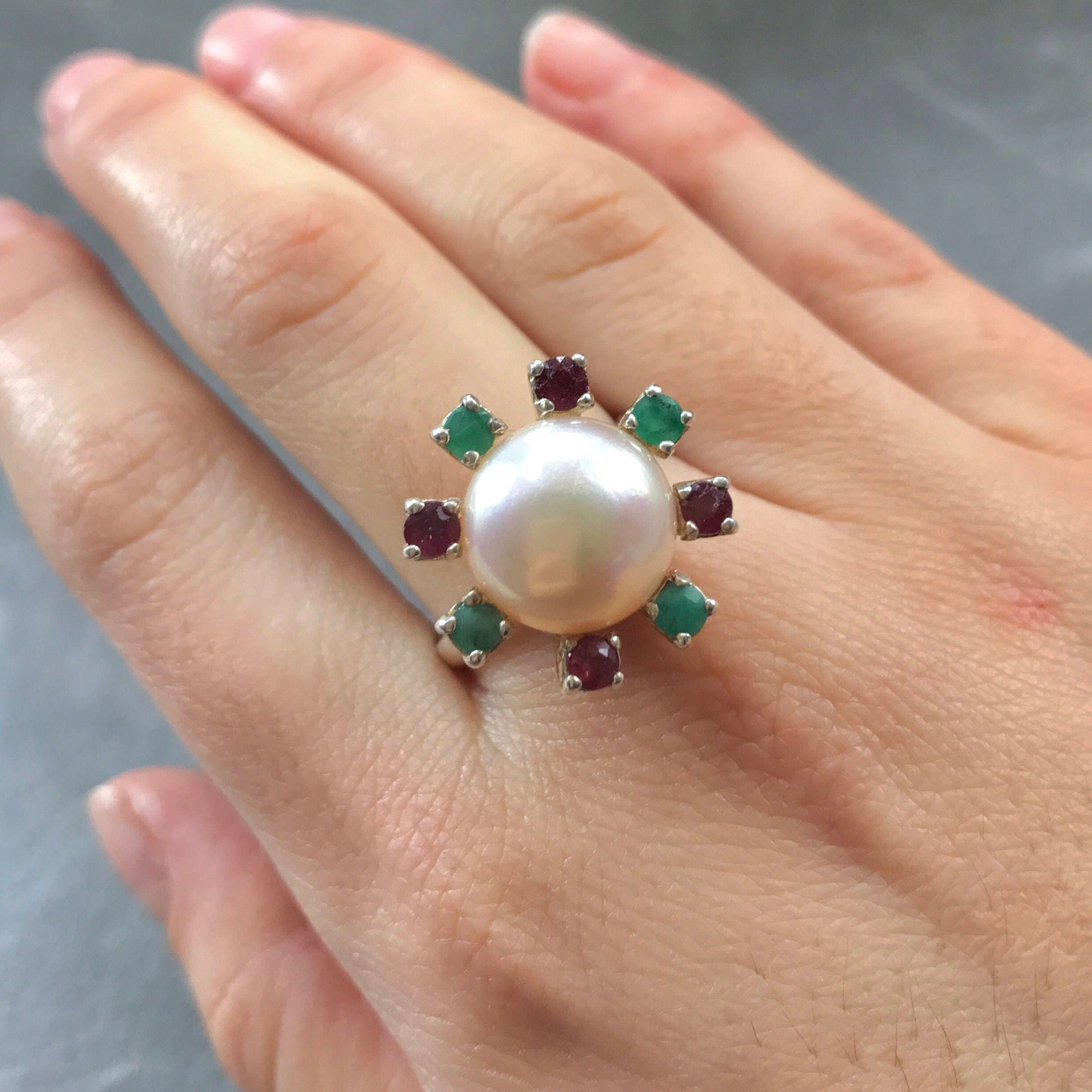 Real Pearl Ring, White Pearl Ring, Natural Pearl, Natural Emerald, Natural Ruby, June Birthstone, Real Pearl, Vintage Rings, 925 Silver Ring