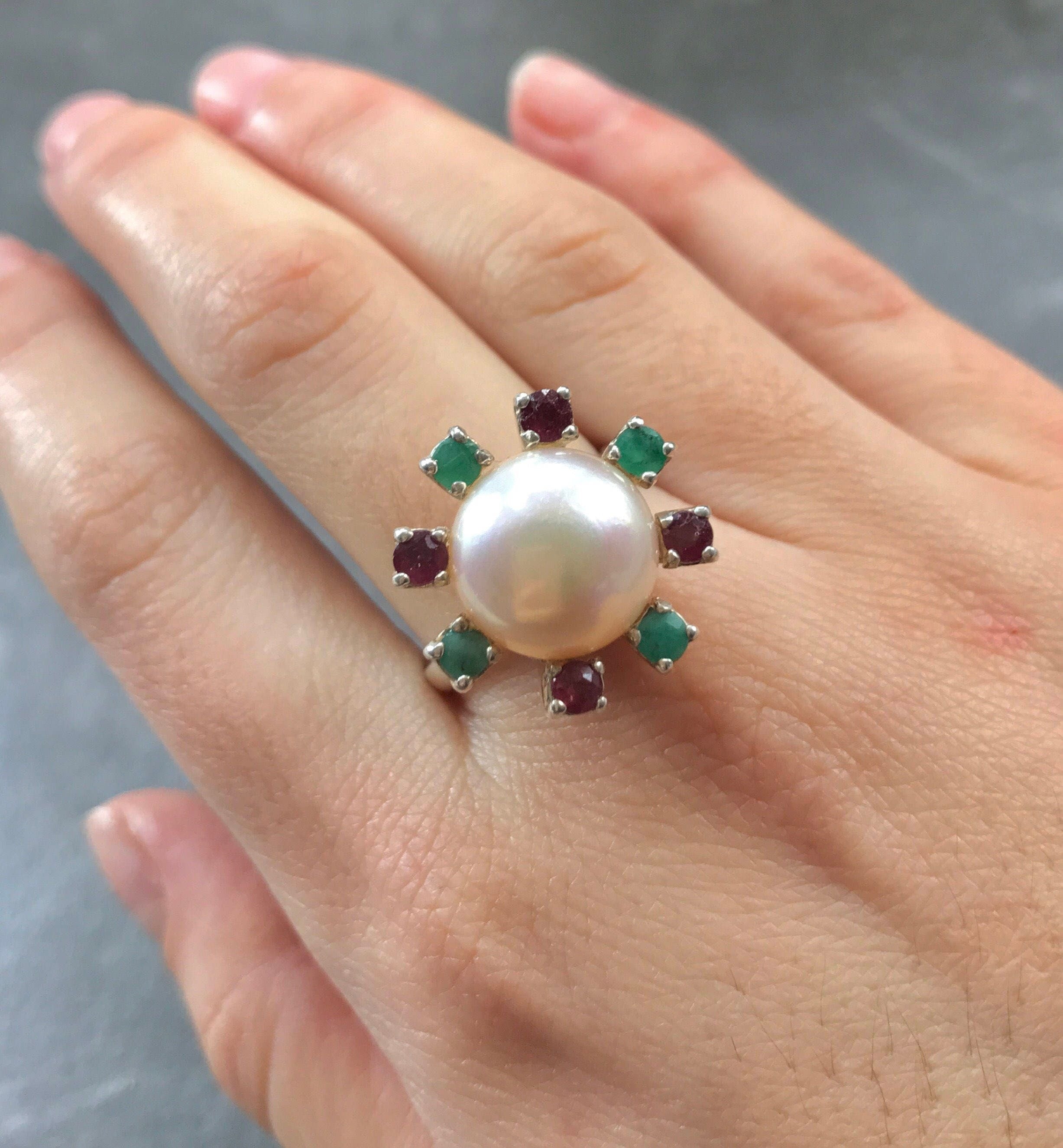 Real Pearl Ring, White Pearl Ring, Natural Pearl, Natural Emerald, Natural Ruby, June Birthstone, Real Pearl, Vintage Rings, 925 Silver Ring