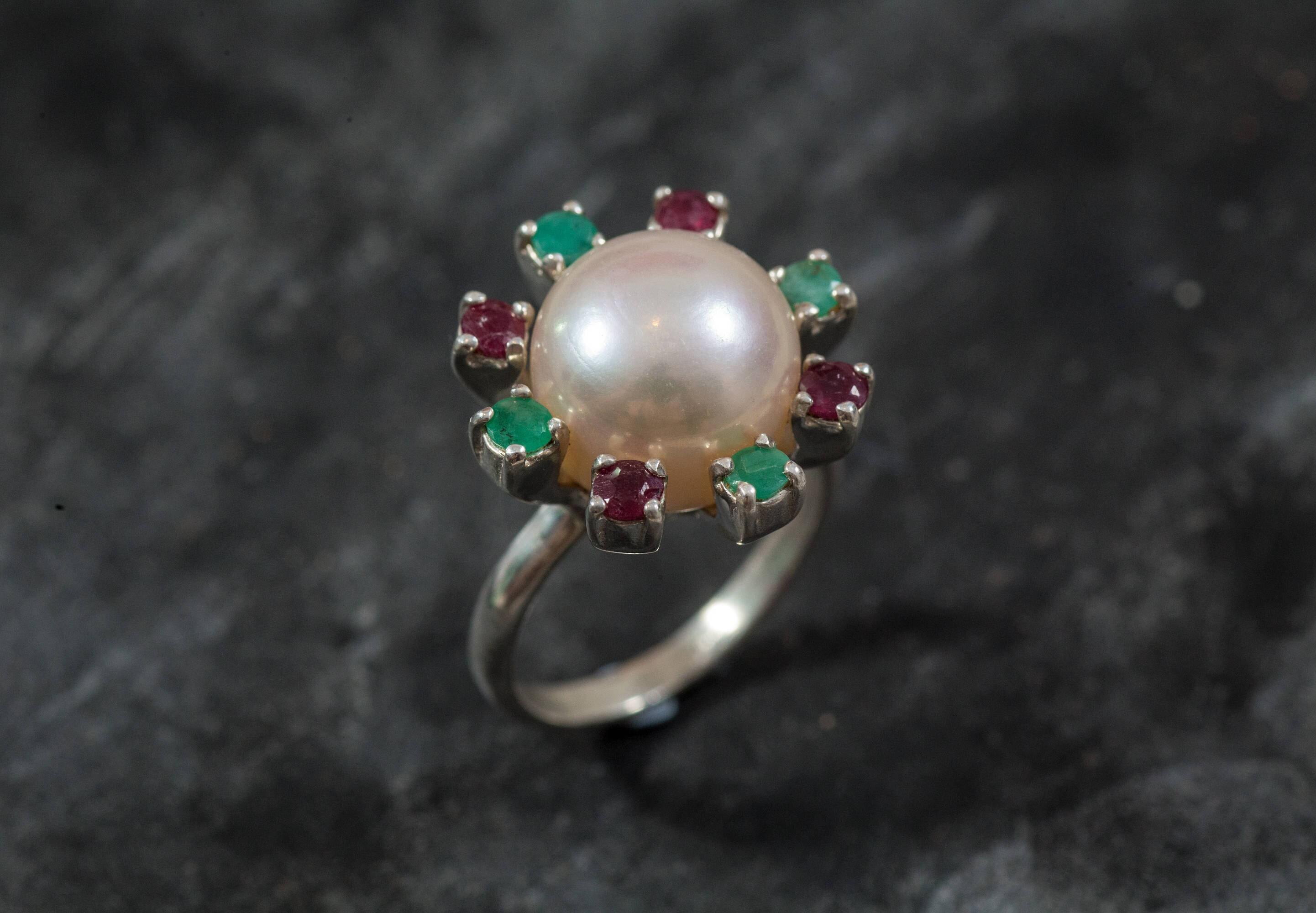 Real Pearl Ring, White Pearl Ring, Natural Pearl, Natural Emerald, Natural Ruby, June Birthstone, Real Pearl, Vintage Rings, 925 Silver Ring