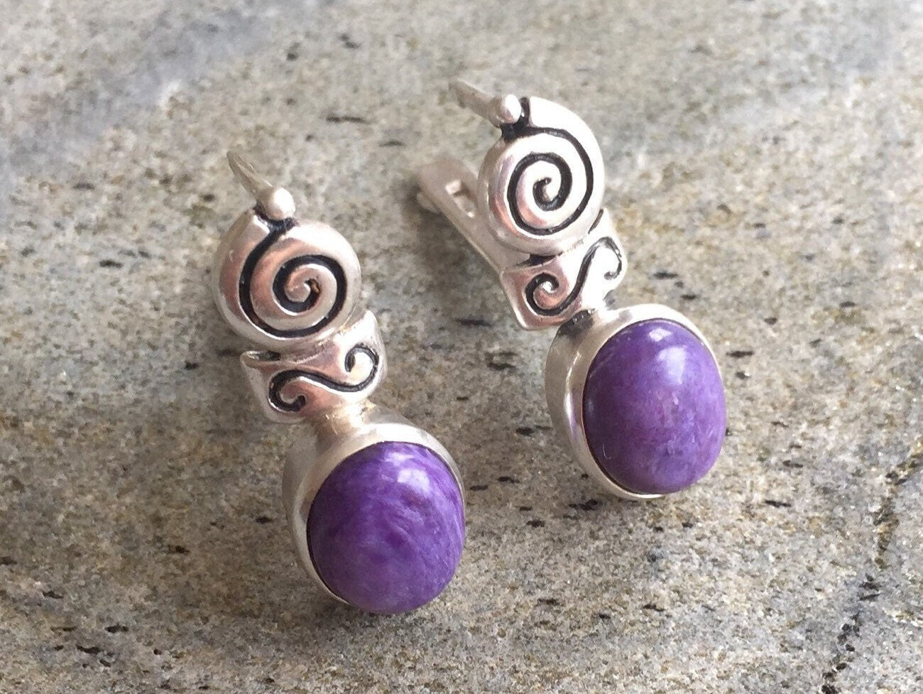Charoite Earrings, Natural Charoite, Vintage Earrings, Scorpio Birthstone, Unique Earrings, Silver Earrings, Heirloom Jewellery,Purple Stone