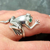 Silver Frog Ring - Natural Emerald Ring - Long Vintage Ring