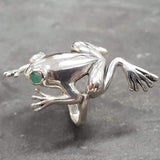 Silver Frog Ring - Natural Emerald Ring - Long Vintage Ring