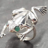 Silver Frog Ring - Natural Emerald Ring - Long Vintage Ring