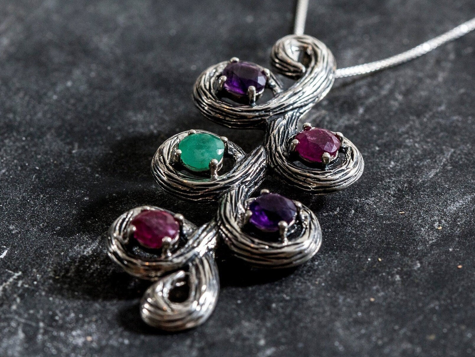 Amethyst Pendant, Ruby Pendant, Emerald Pendant, Leaf Pendant, February Birthstone, Statement Pendant, Solid Silver Pendant, Amethyst