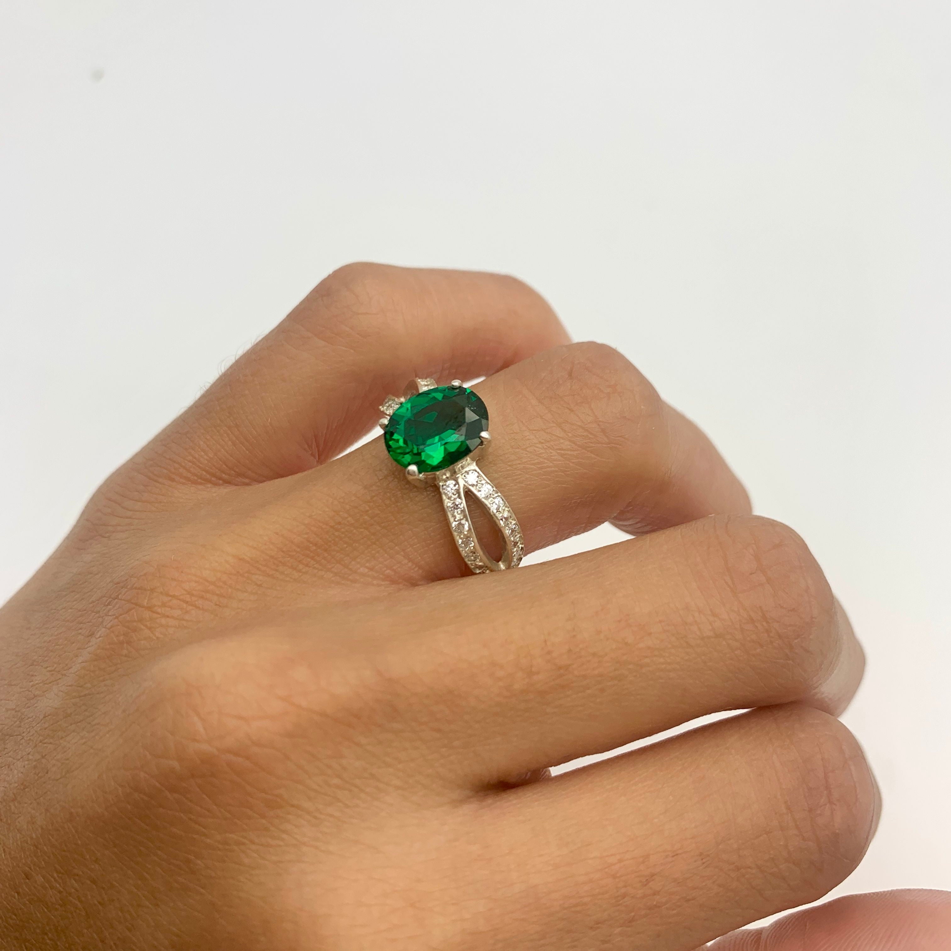 Emerald ring in 925 Sterling Silver featuring oval created green emerald, perfect for birthdays and everyday wear.