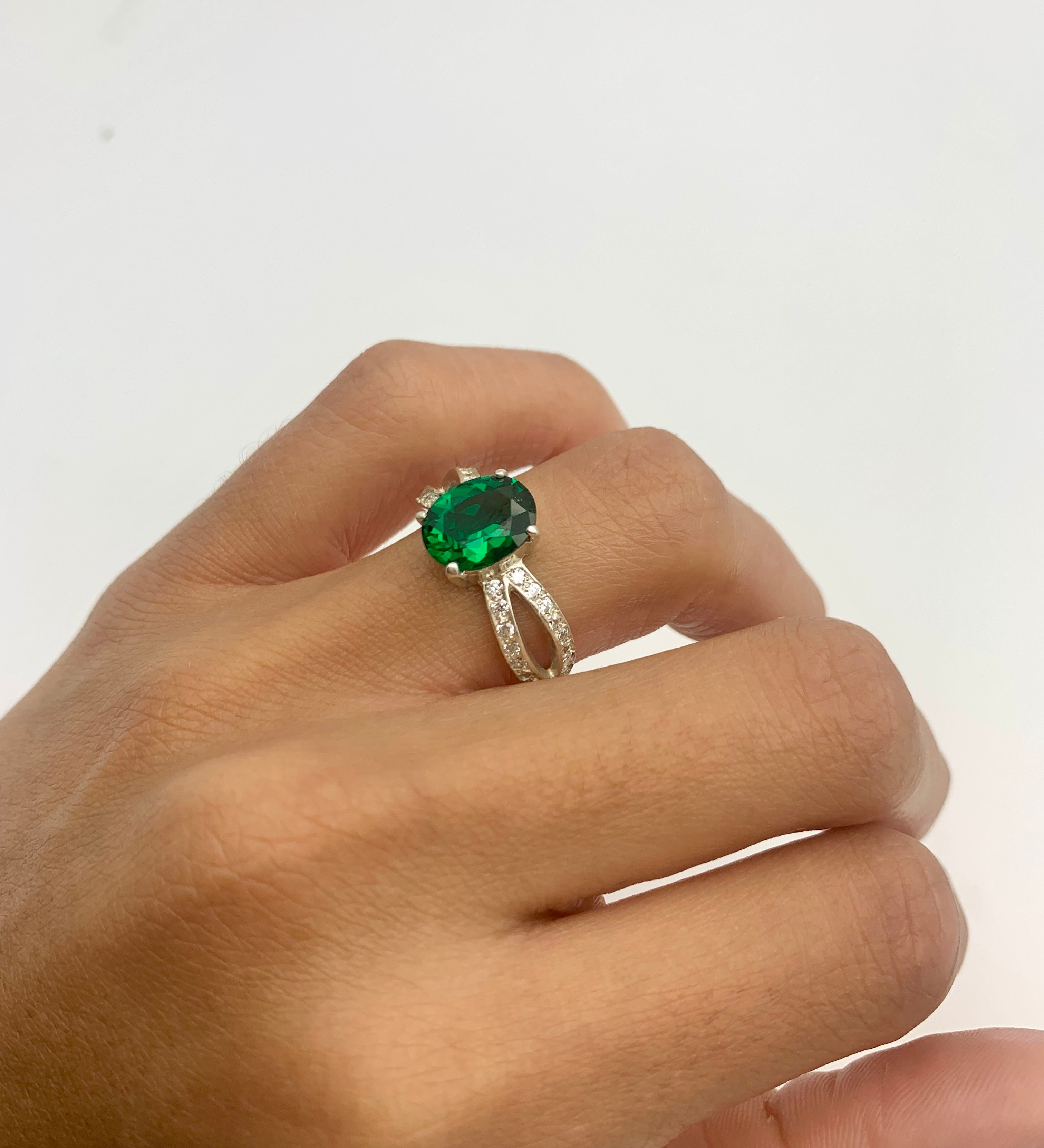 Emerald ring in 925 Sterling Silver featuring oval created green emerald, perfect for birthdays and everyday wear.