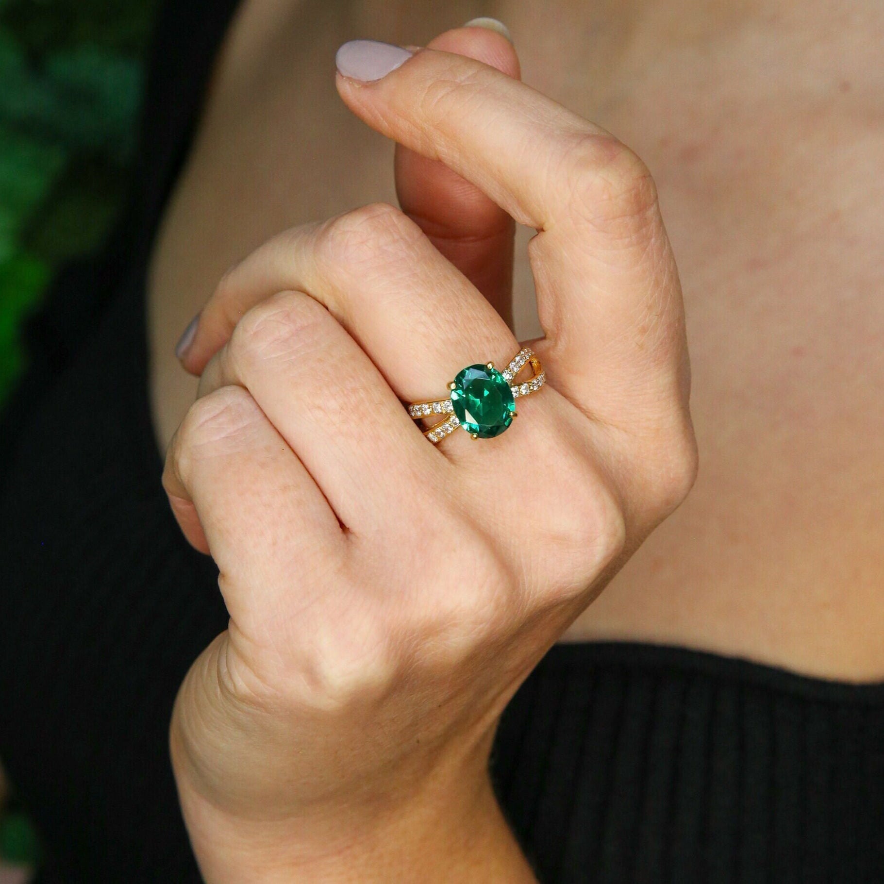 Elegant 18k Gold Vermeil Emerald Ring featuring a Solitaire Created Green Emerald, perfect for birthdays and special occasions.