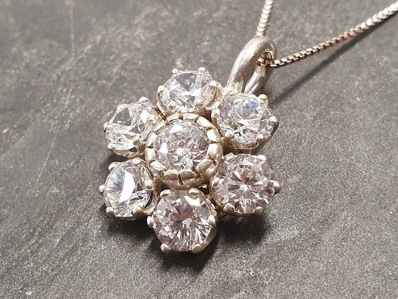 Flower Pendant, Diamond Pendant, Created Diamond, Sparkly Pendant, Vintage Pendant, Floral Pendant, Clear Diamond Pendant, Silver Pendant