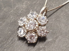 Flower Pendant, Diamond Pendant, Created Diamond, Sparkly Pendant, Vintage Pendant, Floral Pendant, Clear Diamond Pendant, Silver Pendant