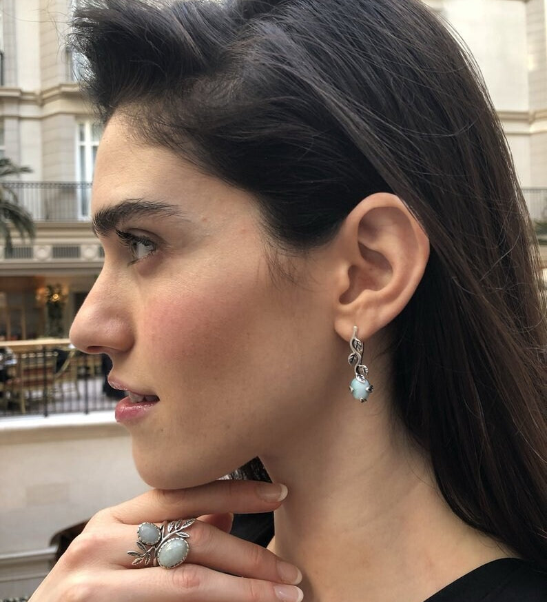 Branch Earrings, Natural Malachite, Floral Leaf Earrings, Green Vintage Earrings, Malachite Earrings, Long Earrings, Solid Silver Earrings