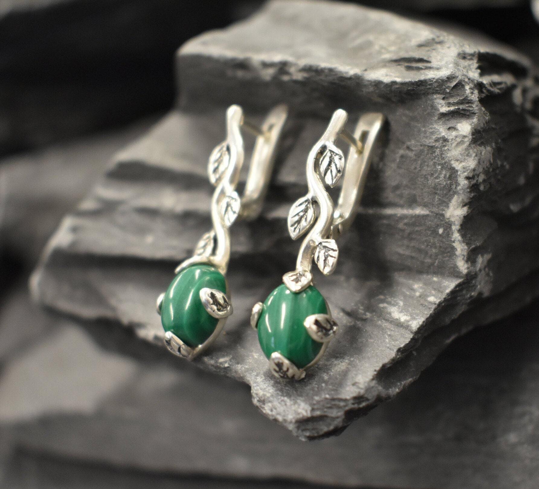Branch Earrings, Natural Malachite, Floral Leaf Earrings, Green Vintage Earrings, Malachite Earrings, Long Earrings, Solid Silver Earrings