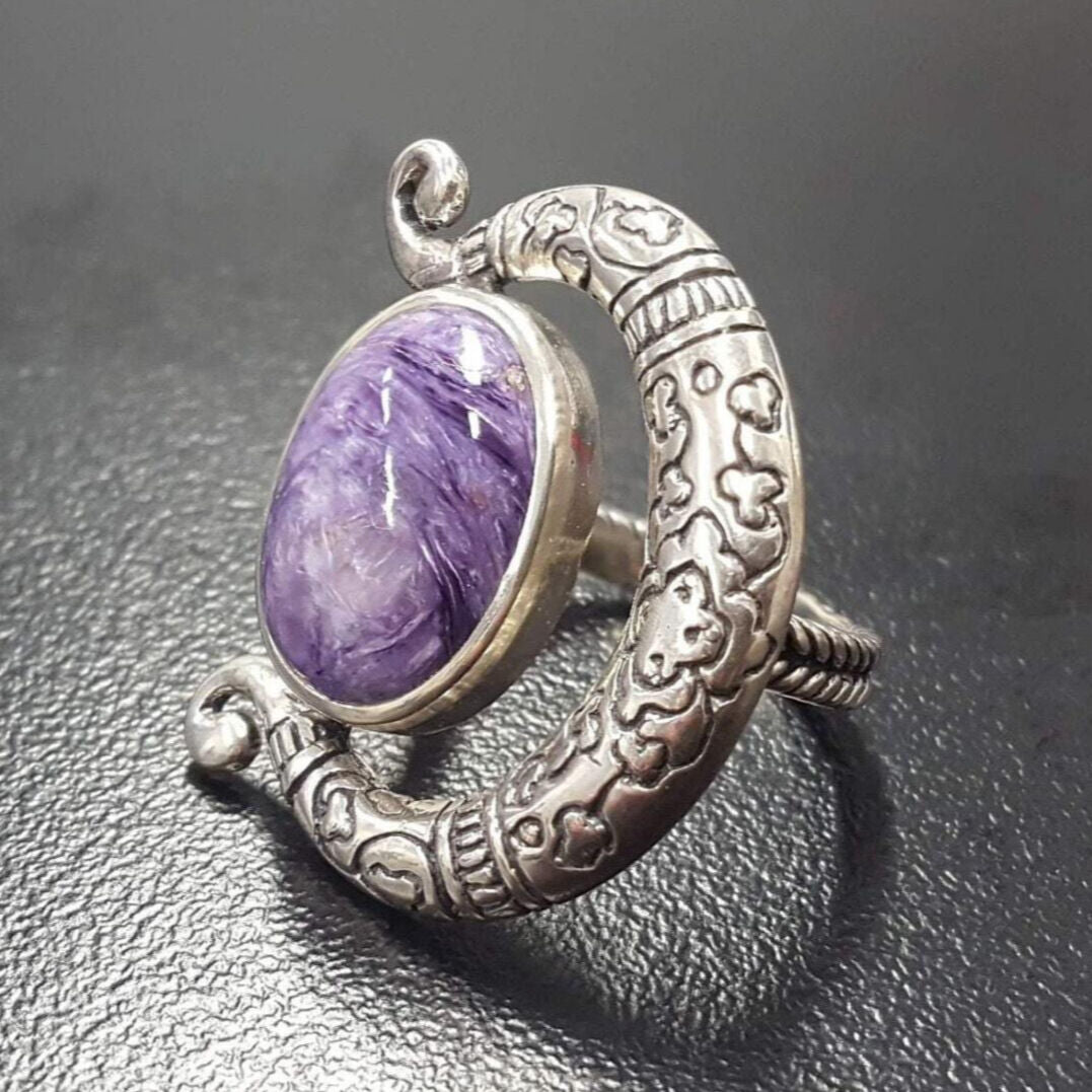 Charoite Ring, Natural Charoite, Purple Ring, Tribal Ring, Gemini Birthstone, Vintage Purple Ring, Large Stone Ring, Silver Ring, Charoite