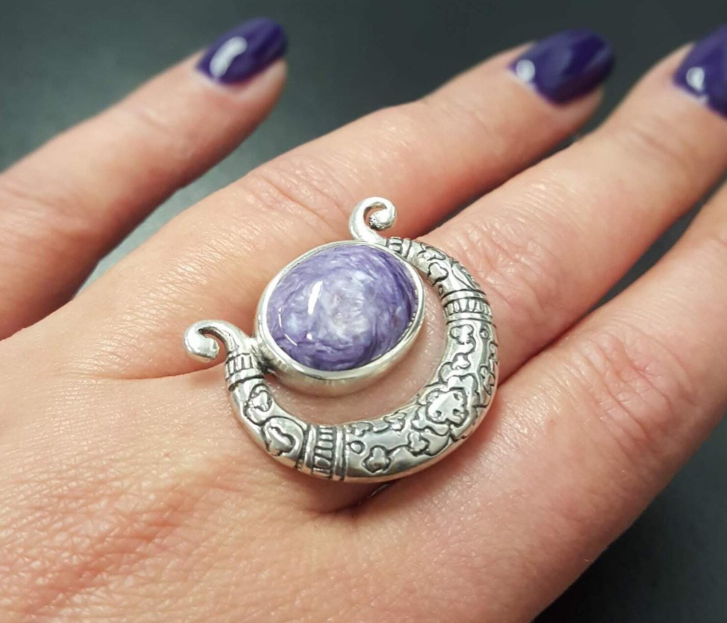 Charoite Ring, Natural Charoite, Purple Ring, Tribal Ring, Gemini Birthstone, Vintage Purple Ring, Large Stone Ring, Silver Ring, Charoite