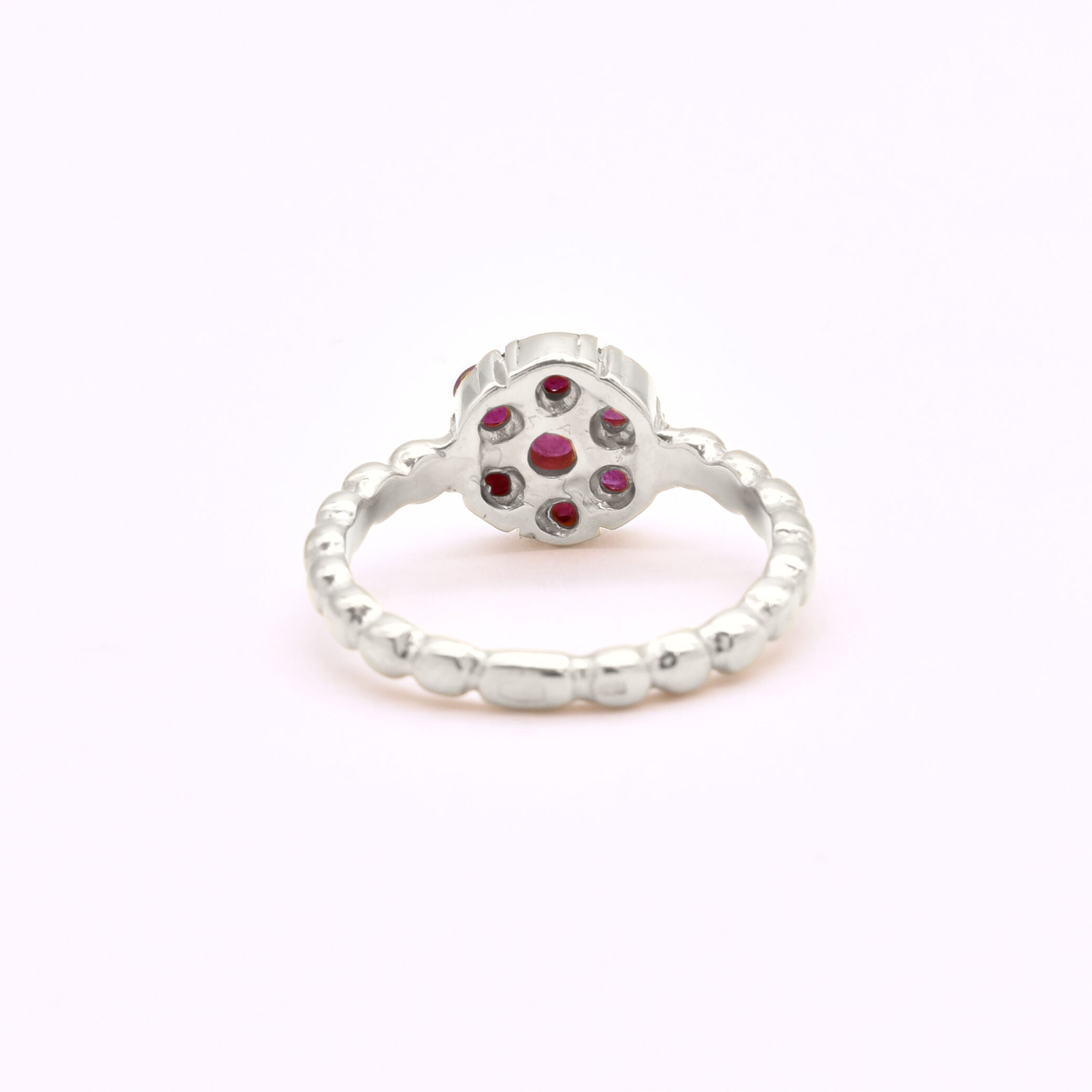 Charming 925 Sterling Silver Ruby Ring with vibrant red cluster, ideal for daily wear and a thoughtful July birthday gift.
