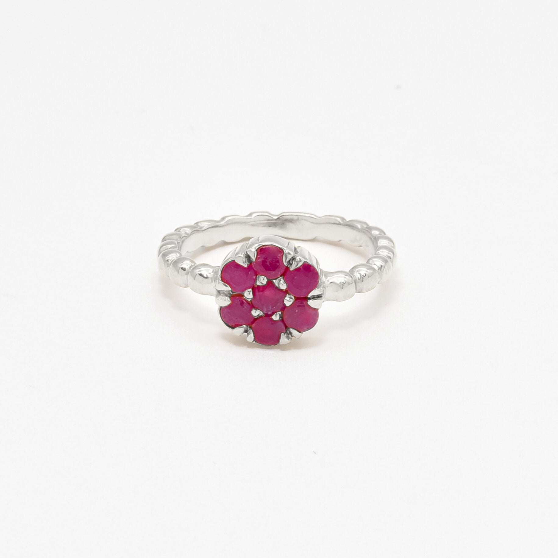 Stylish Natural Ruby Cluster Ring in 925 Sterling Silver, a meaningful gift for July birthdays, representing love and purity.