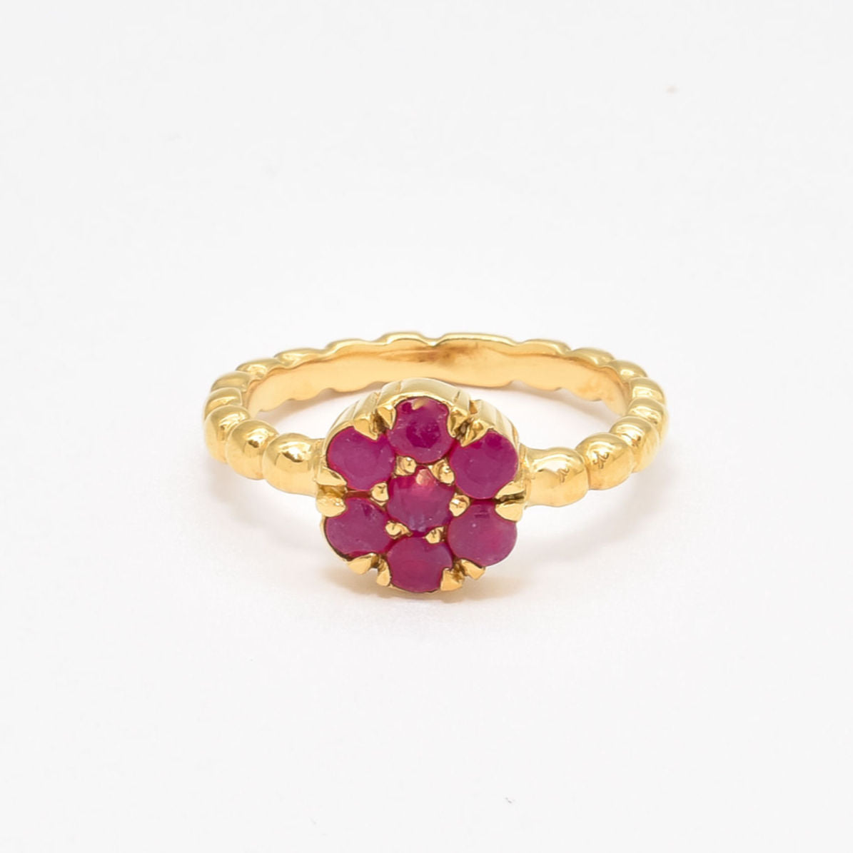 Natural Ruby Ring made in 18k Gold Vermeil with Round Natural Red Ruby in Cluster setting, July Birthstone gift idea, symbolizes nobility, purity, and passion, ideal for everyday wear and perfect for birthday gifting and special occasions.