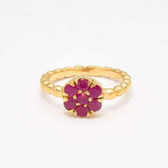 Natural Ruby Ring made in 18k Gold Vermeil with Round Natural Red Ruby in Cluster setting, July Birthstone gift idea, symbolizes nobility, purity, and passion, ideal for everyday wear and perfect for birthday gifting and special occasions.