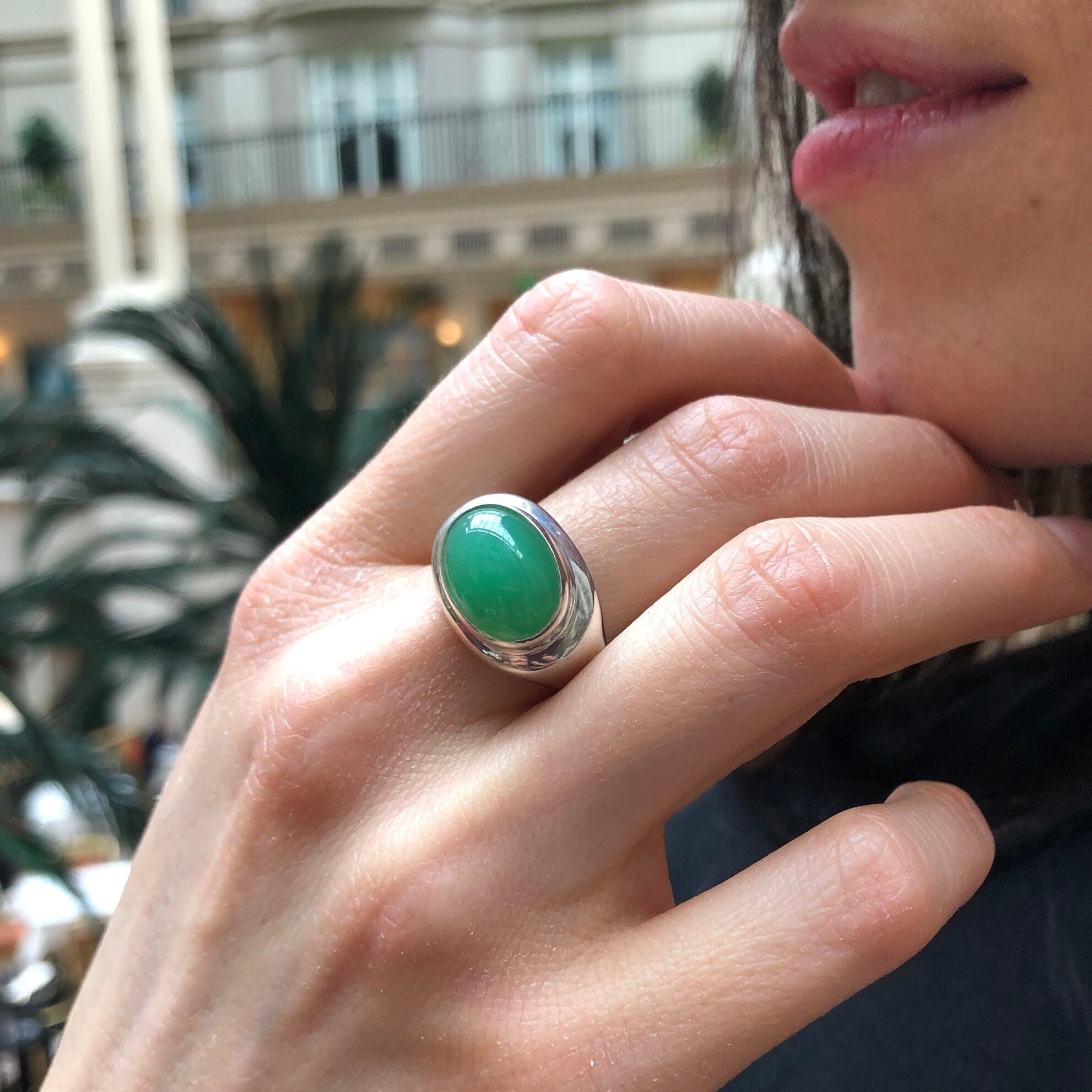 Chrysoprase Ring, Natural Chrysoprase, May Birthstone, Wide Band Ring, Vintage Ring, Statement Ring, Unique Stone Ring, Solid Silver Ring