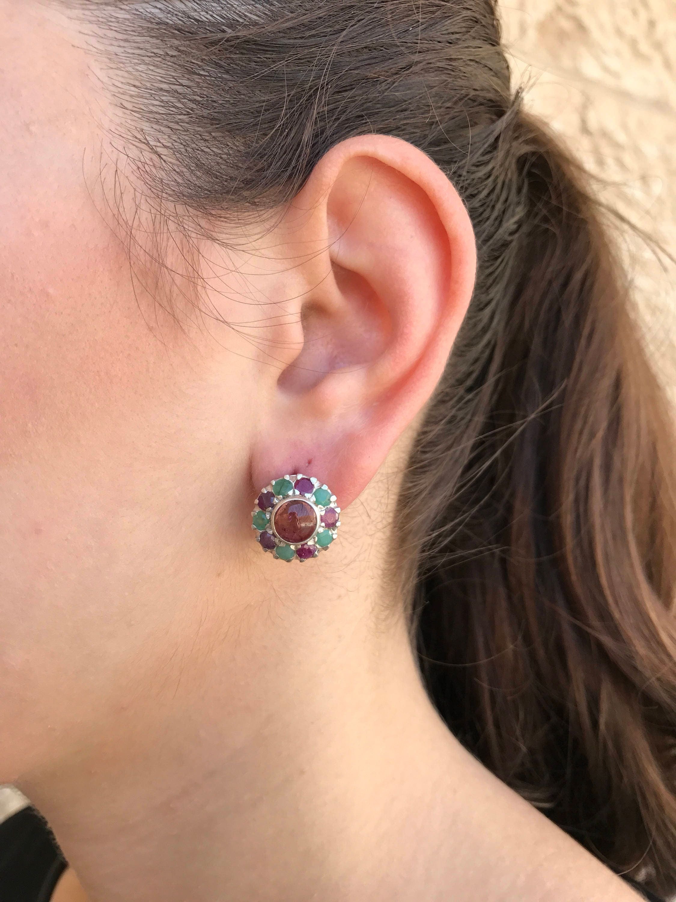 Tourmaline Earrings, Pink Tourmaline Earrings, Ruby Earrings, Emerald Earrings, Flower Earrings, Birthstone Earrings, Silver Earrings