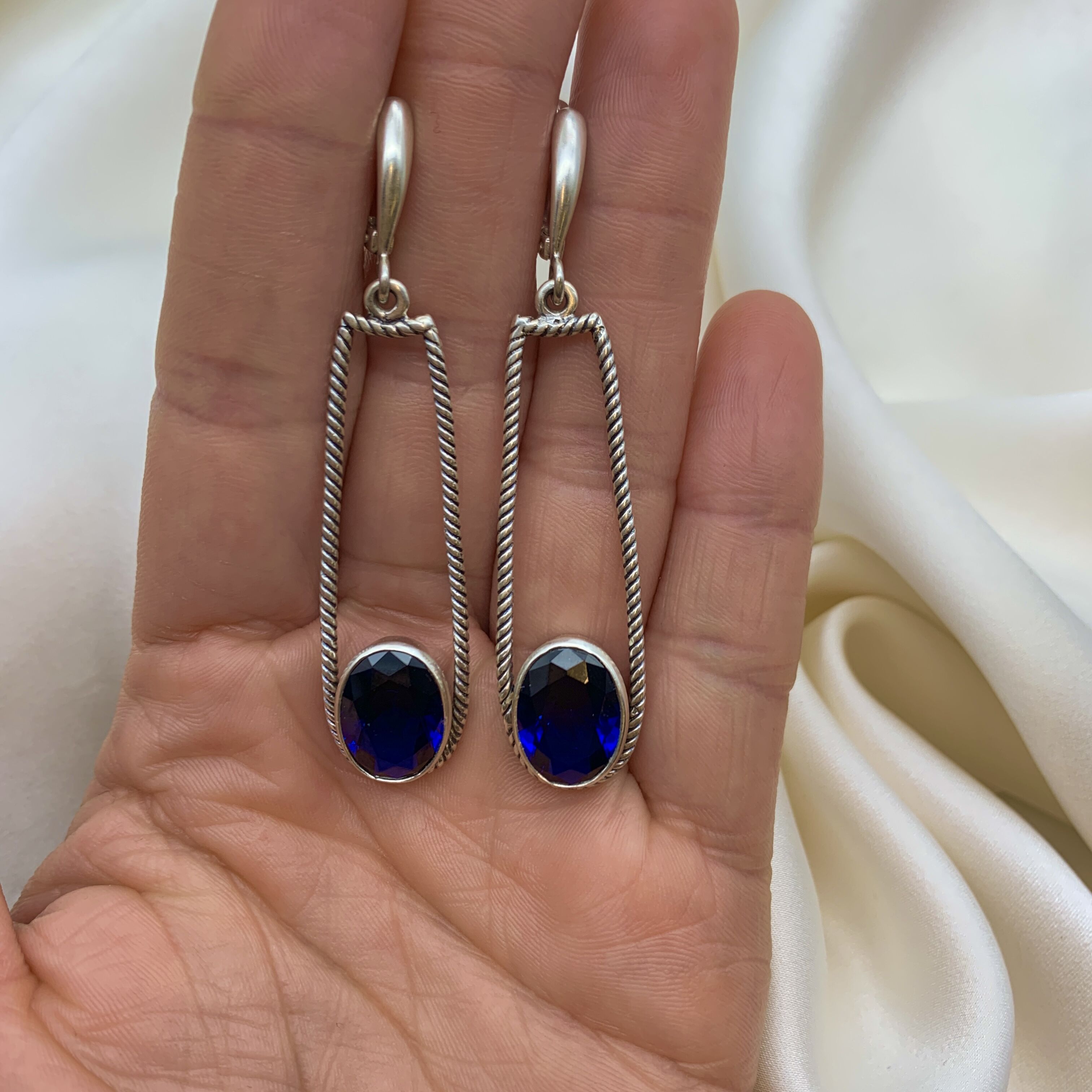 Elegant 925 Sterling Silver Sapphire Earrings with Oval Created Blue Sapphire, perfect for birthdays and special occasions.