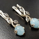 Genuine Aquamarine Earrings - Blue Drop Earrings - Silver Leaf Earrings